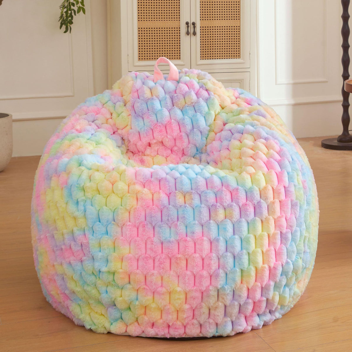XeGe 3D Bubble Fluffy Faux Rabbit Fur Bean Bag CoverNo Filler, Rainbow