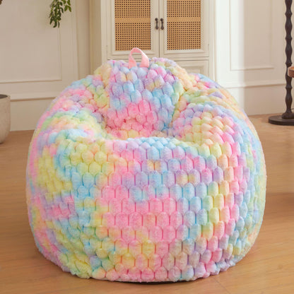 XeGe 3D Bubble Fluffy Faux Rabbit Fur Bean Bag CoverNo Filler, Rainbow