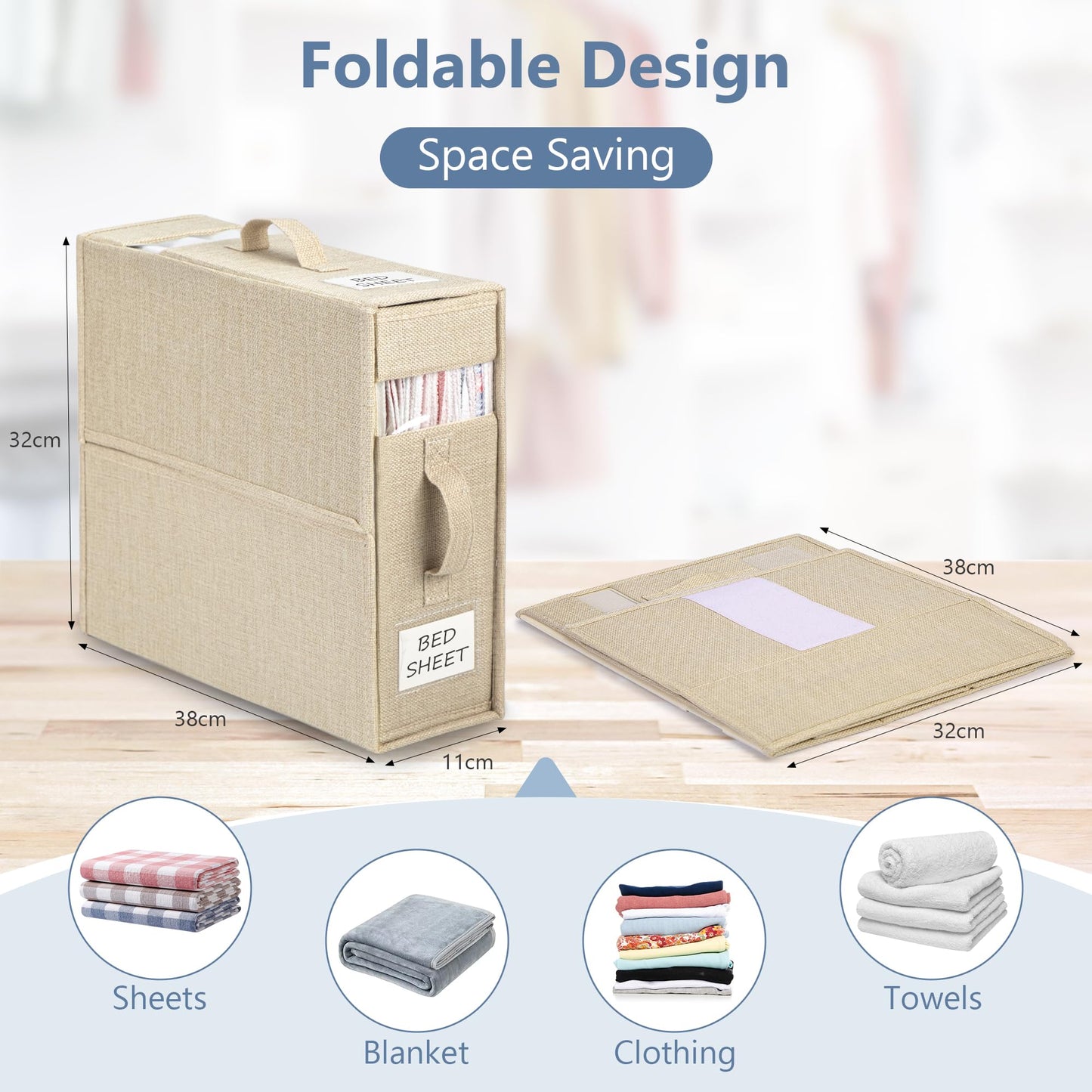 WELTRXE Bed Sheet Organizer, 4 Pack Foldable Bedding Organiser with Handle and Window, Foldaway Closet Storage Bins