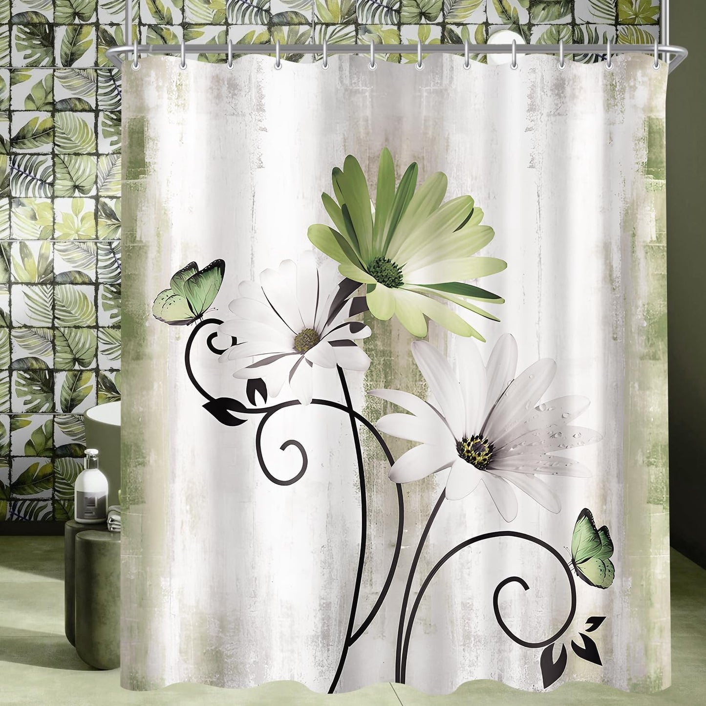Shower Curtain, 180 x 200 cm, Sage Green Daisies Motif, Weighted Hem, Anti-Mould, Water-Repellent