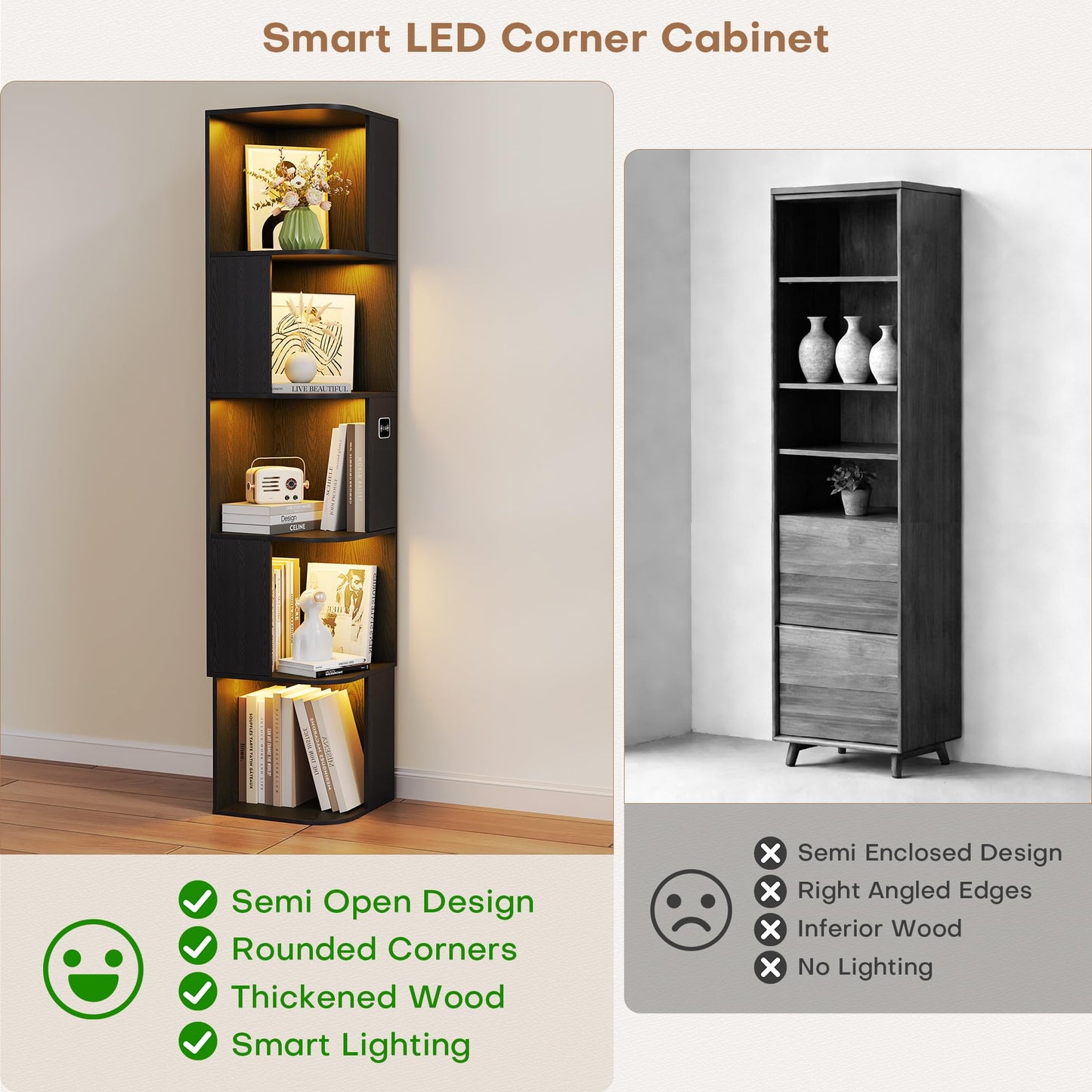 64.8 " Corner Wood Bookcase with Body Sensor LED for Home Office,Black