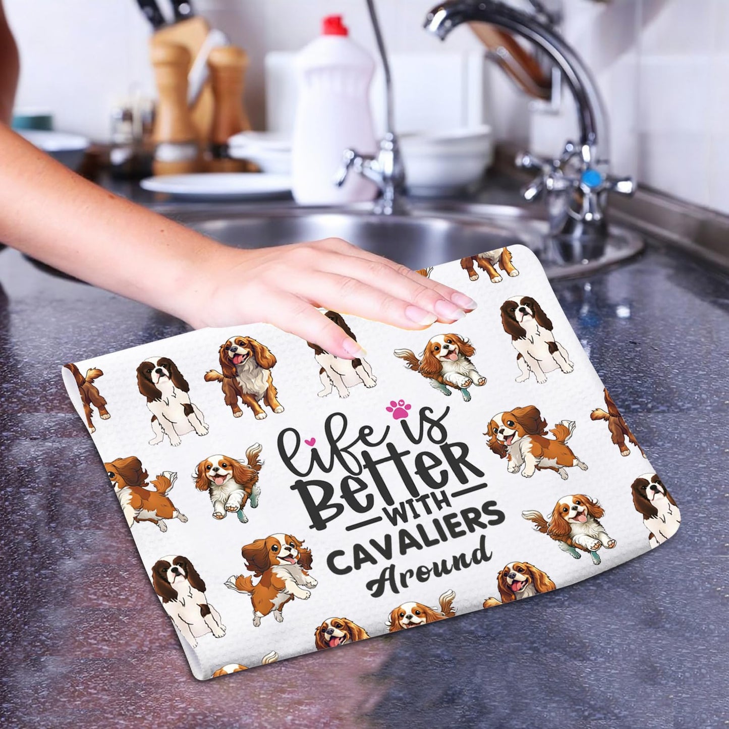 PXTIDY King Charles Cavalier Dog Kitchen Towel Life Is Better With Cavaliers Around King Charles Spaniel Towel Dog Mom Gifts