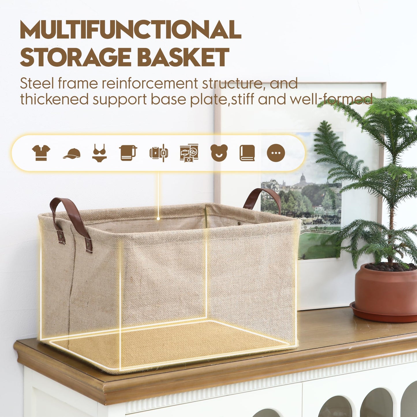 Sea Team Square Jute Structured Storage Basket with Frame Support