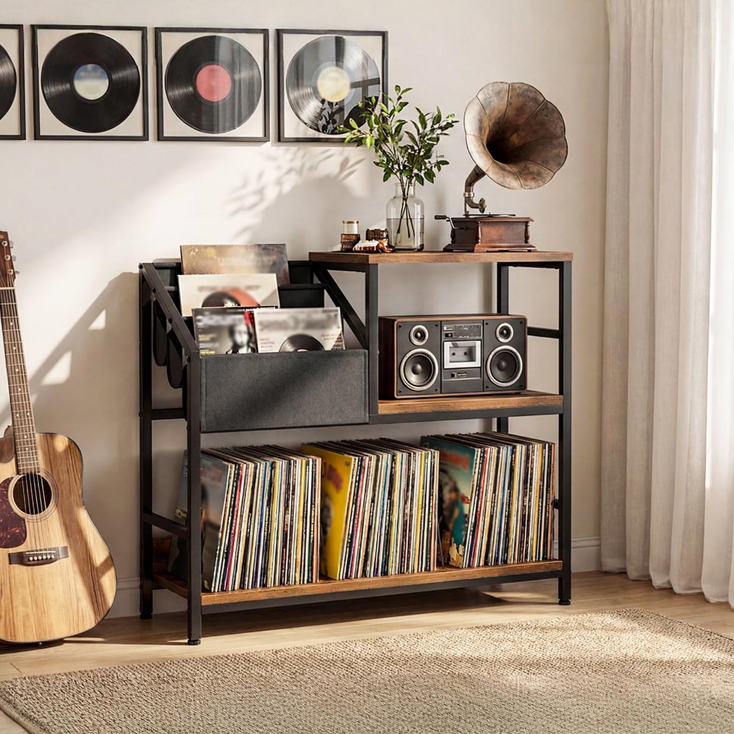 HOOBRO Record Player Stand, Vinyl Record Storage up to 240 Records, Turntable Stand with 3 Oxford Fabric Pockets, for Living Room, Study