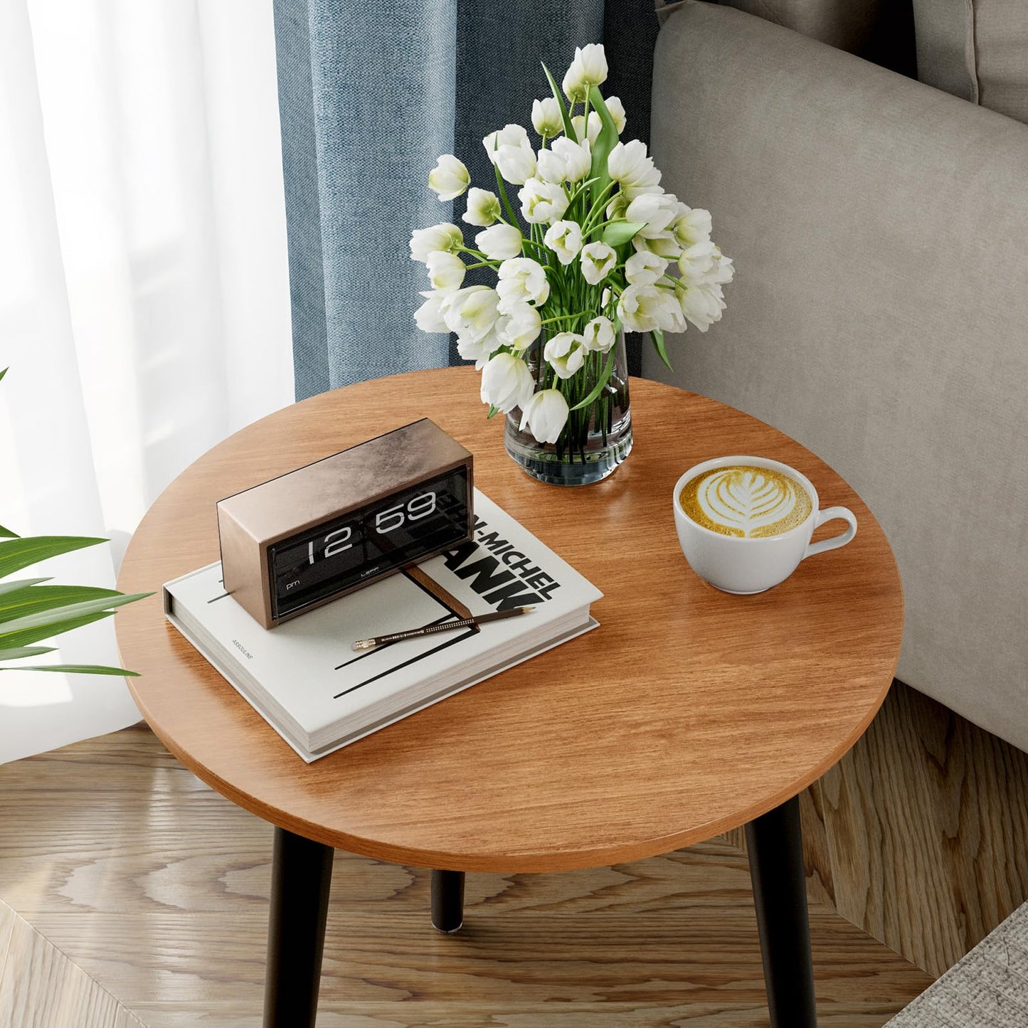 APICIZON Round Side Table, Small End Table with Reinforced Metal Connectors, Walnut Wooden Bedside Table for Living Room, Bedroom