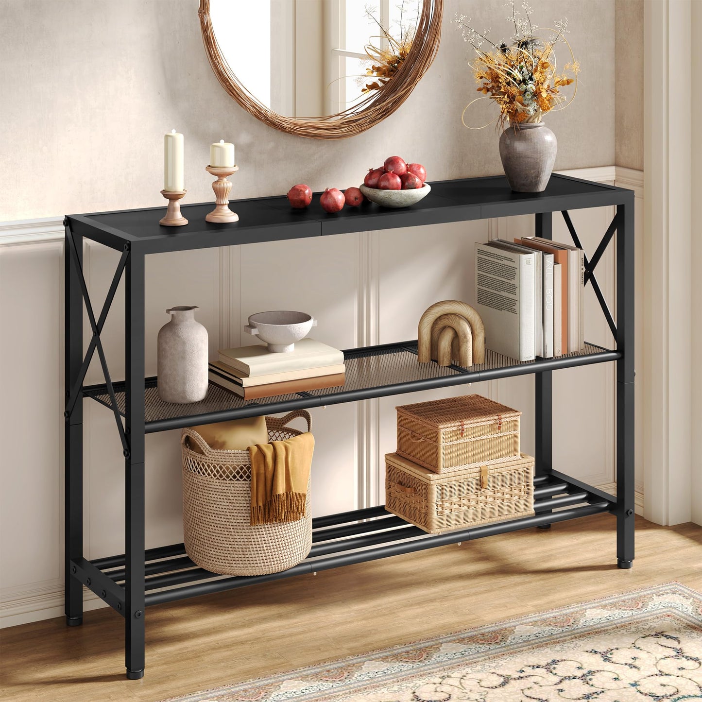 Hoctieon Industrial Console Table, 3 Tier Entryway Table, Metal Frame, Sofa Table with Shelf, Hallway Table, Entrance Table for Entryway, Living Room