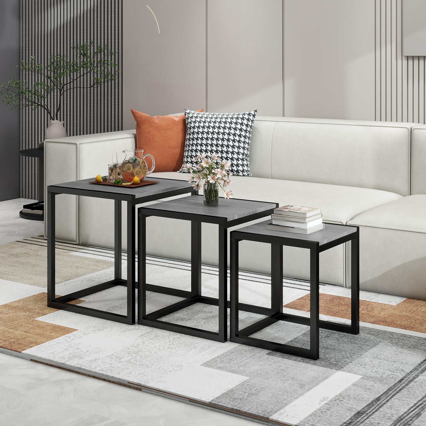 HAHRIR Nesting Table Set of 3 Side Wooden Tables, Square End Tables，Coffee Table with Metal Frame (Grey)