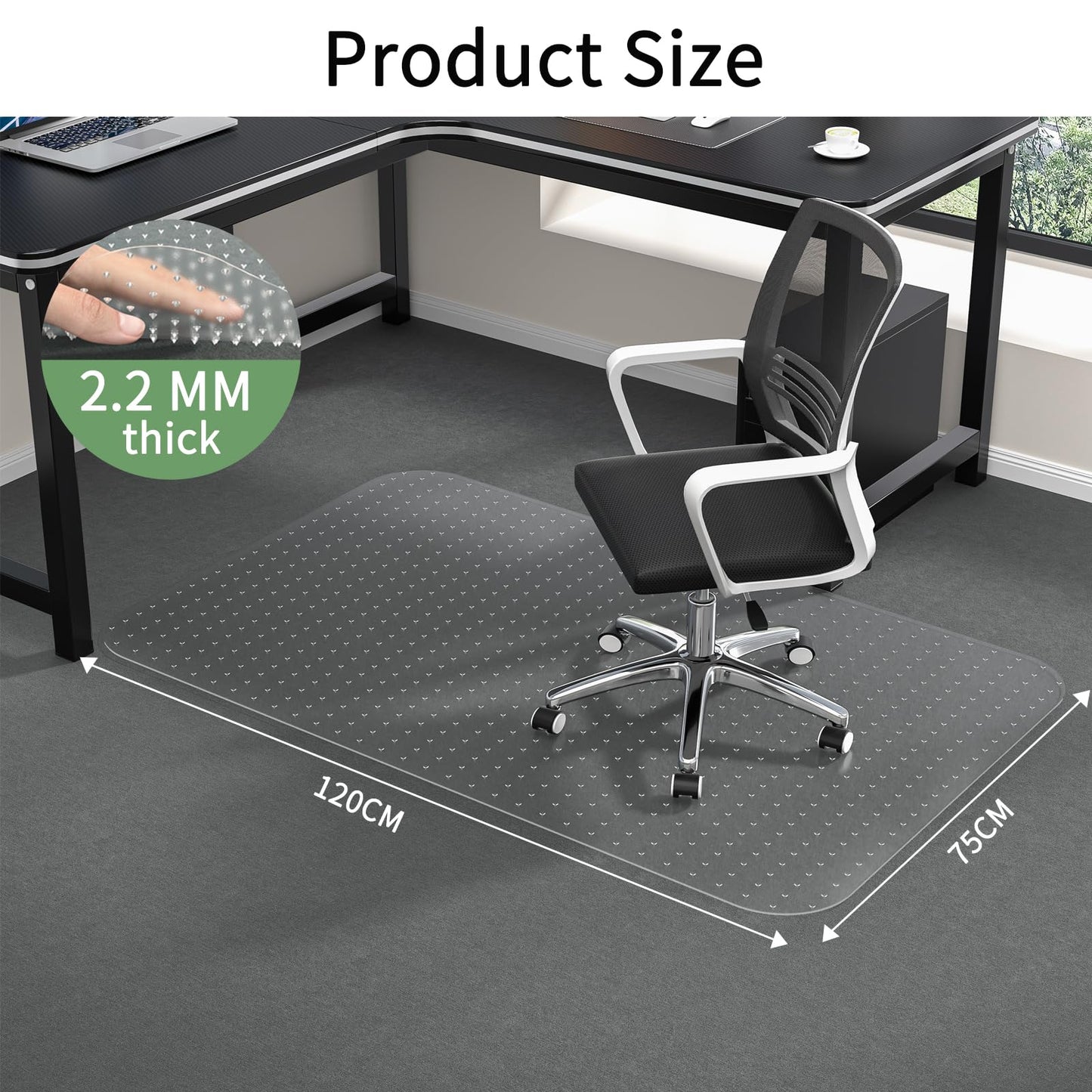 WASJOYE Office Chair Mat for Carpet, 75x120cm Desk Chair Mat for Carpet Floors, Clear 2.2mm Thick Rolling Chair Mats with Non-Slip Studded for Low
