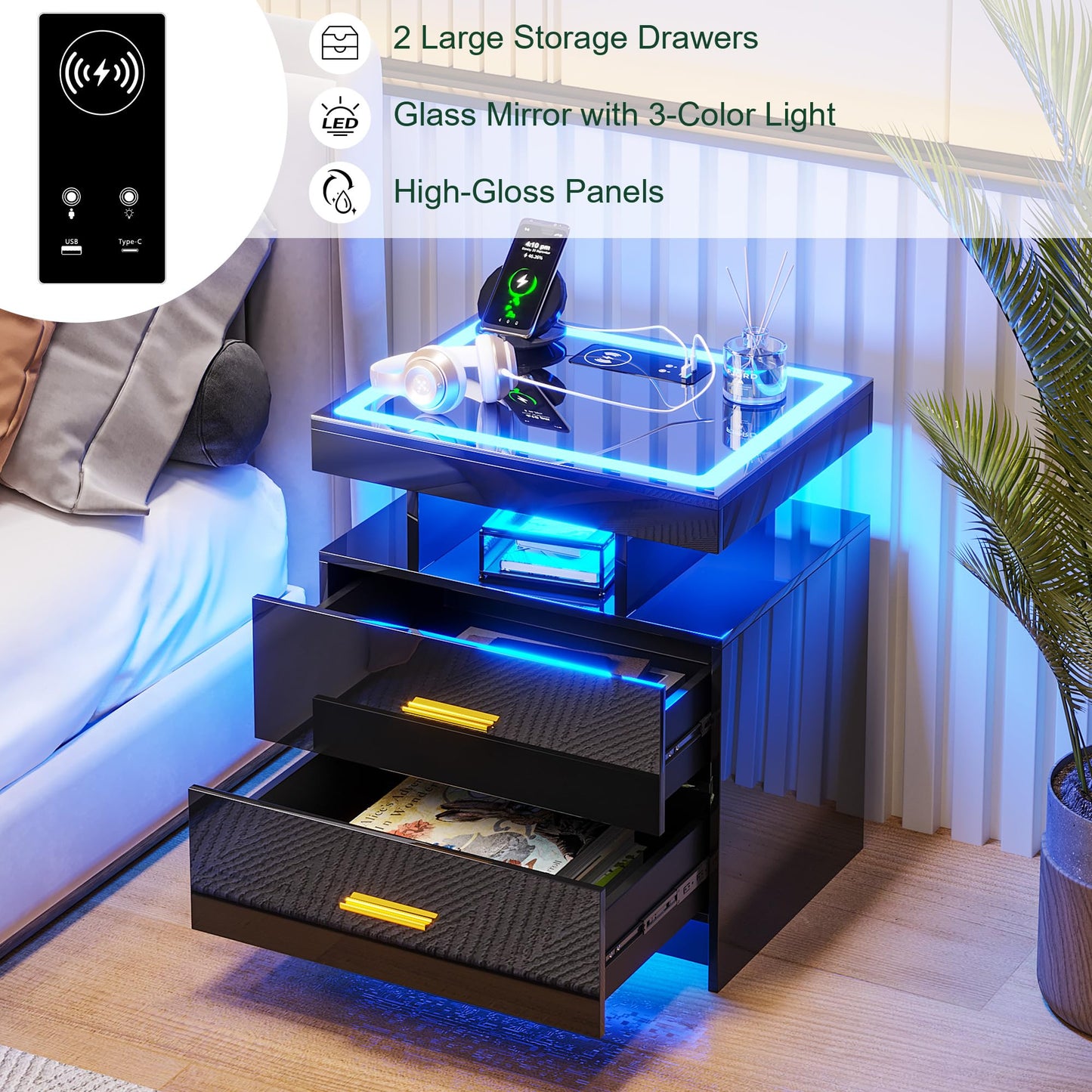 LED Bedside Table with Charging Station & 2 Drawers for Living Room Bedroom