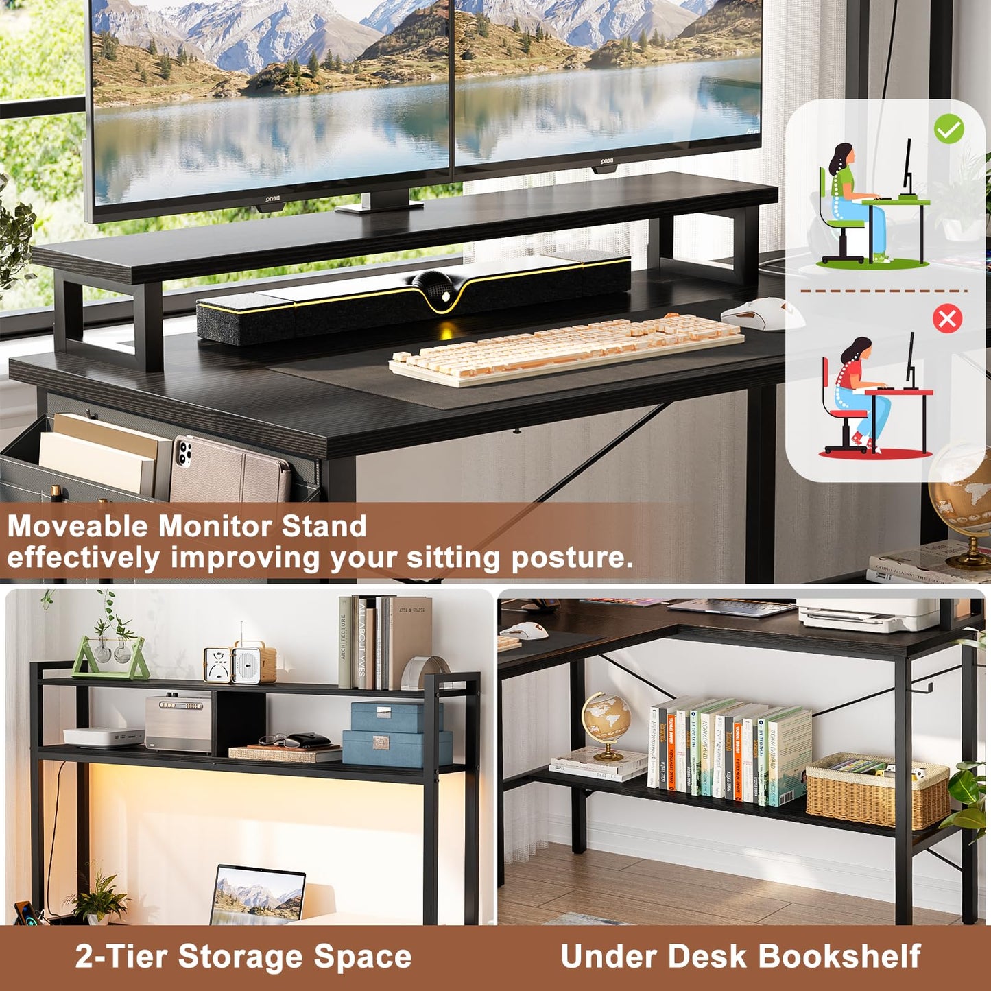 iSunirm L Shaped Gaming Desk with Power Outlets & LED Lights, Small L- Shaped Computer Corner Desk with Monitor Stand & Storage Shelf