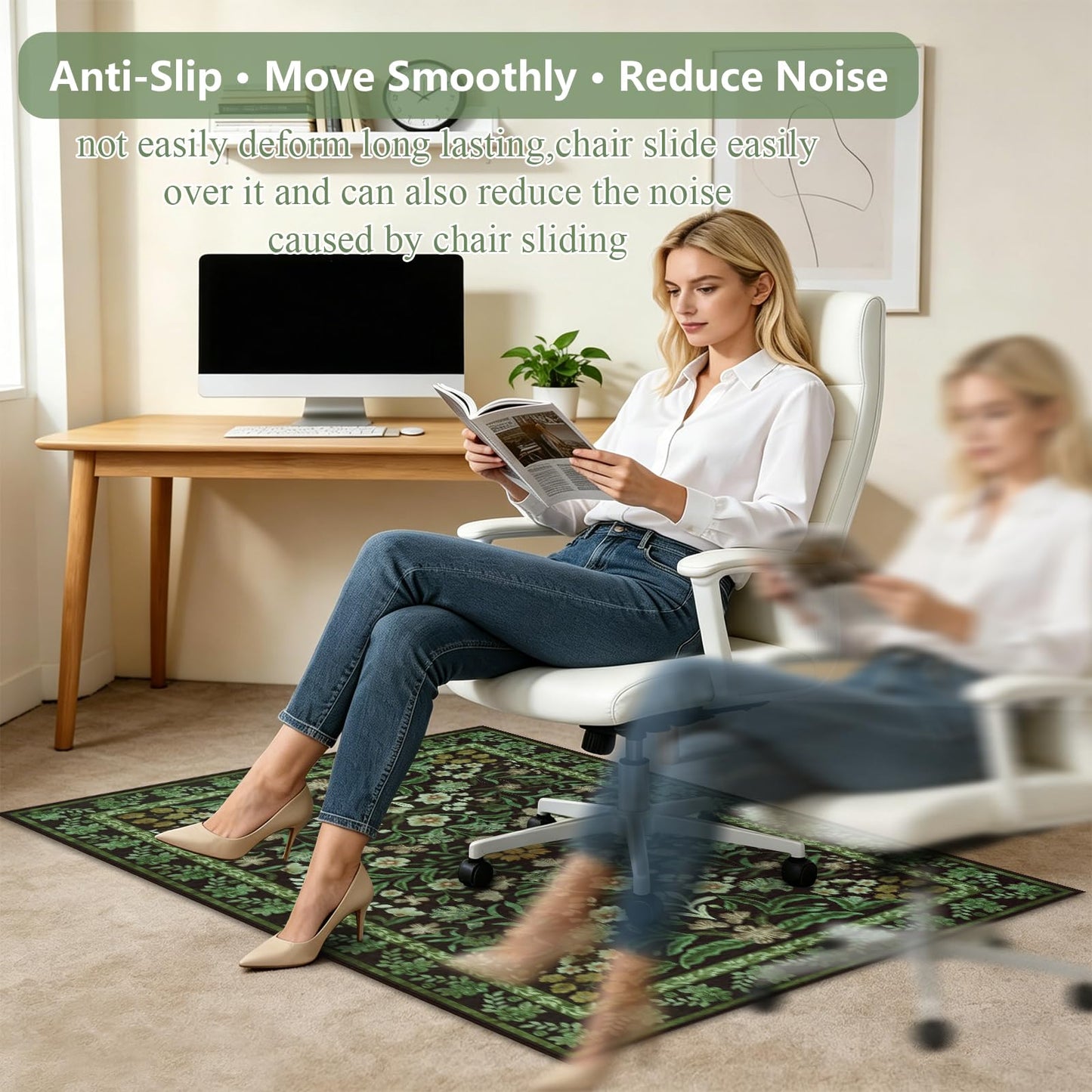 Edlbaegy Office Chair Mat for Hardwood Floor 90x120cm Green Non Slip Floor Protector for Office Chair Low Pile Chair Mats for Rolling Chair