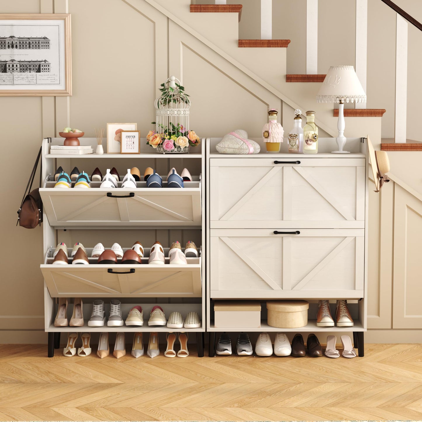 HOME BI Farmhouse Shoe Cabinet with Two Flip Drawers,3-Tier Shoe Storage Organizer with Open Shelf & Top Display,Freestanding Narrow Hidden Shoe Rack