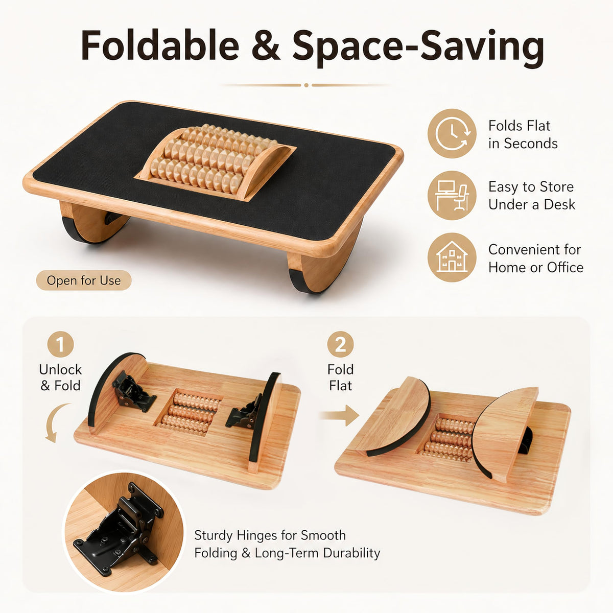 Foldable Under Desk Foot Rest, Wooden Rocking Footrest with 4 Massage Rollers, Natural Rubber Wood Ergonomic Foot Stool with Silicone Anti-Slip
