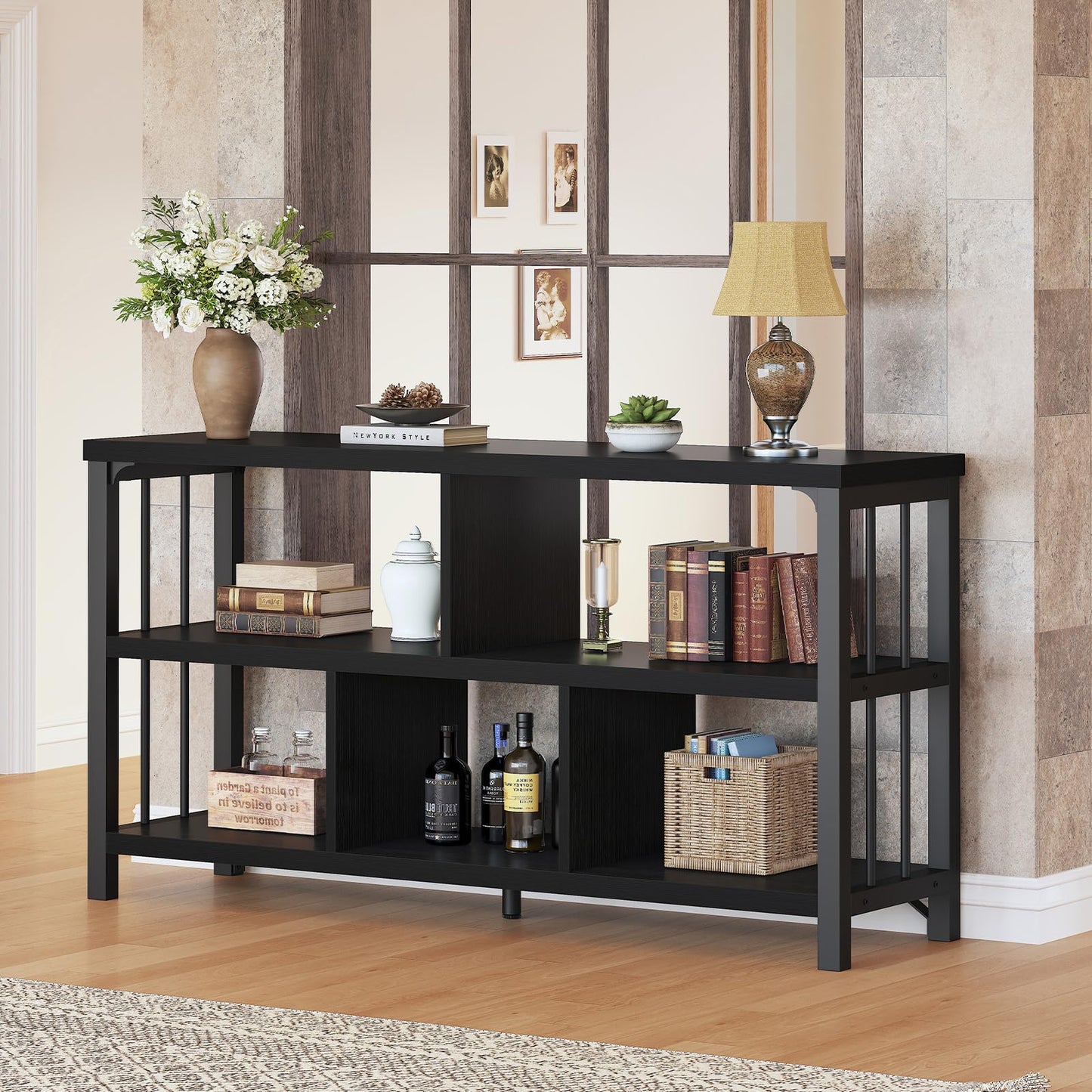 IBF 5 Cube Storage Organizer Bookshelf Low Bookcase 140cm Black Oak