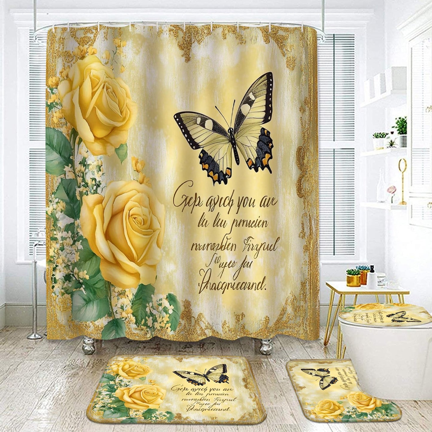 NEWSUYAA Flowers and Butterflies Shower Curtains with Rugs Bathroom Decorations Sets,4 Pcs Blue Floral Bathtub Curtain Elegant Bath Decor with Toilet