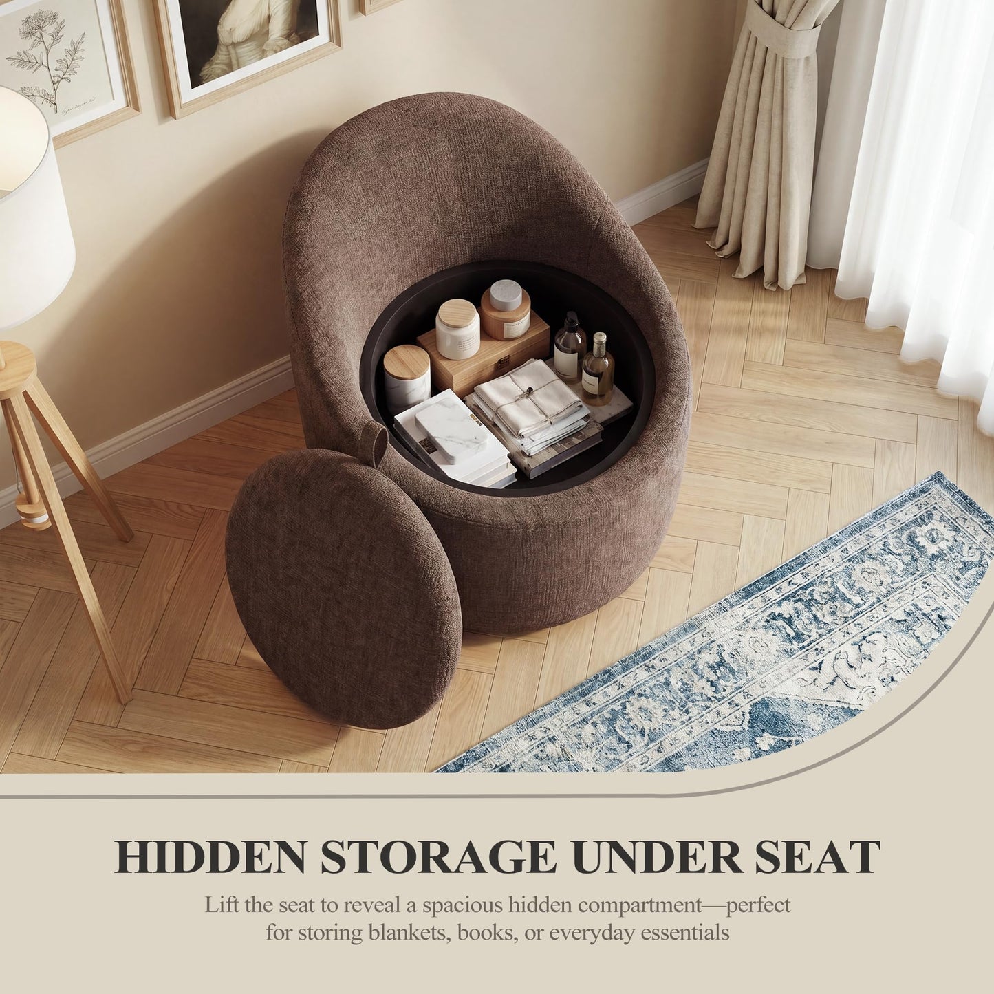 Barrel Swivel Accent Chair with Hidden Storage, 360° Rotating Lounge Chair, Upholstered Breathable Fabric, High Density Foam Seat