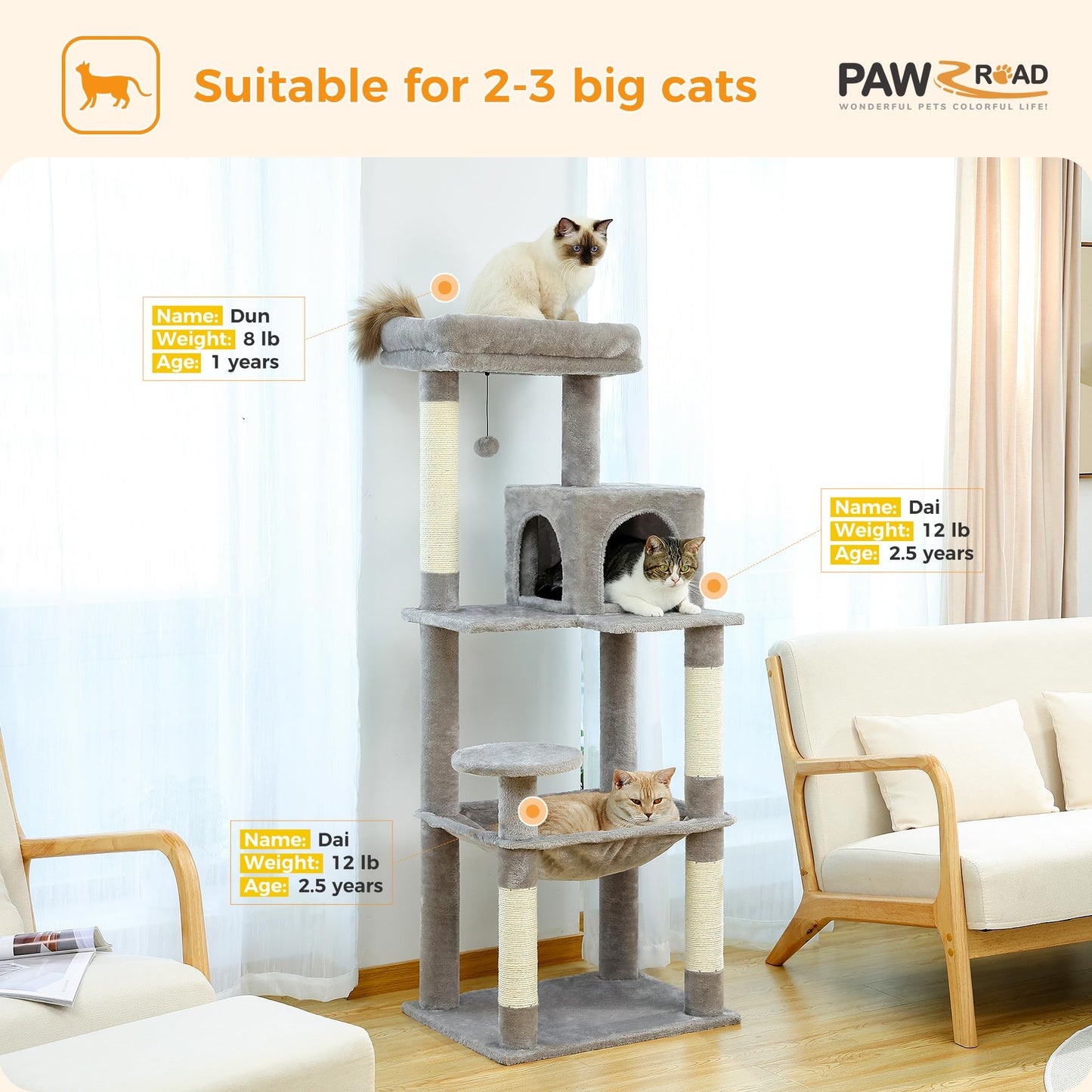 PAWZ Road Cat Tree, Big Cat Tower, Activity Center stable and sturdy, Cat Tree with hammock and lovely Cat House Grey 143cm/56.2"