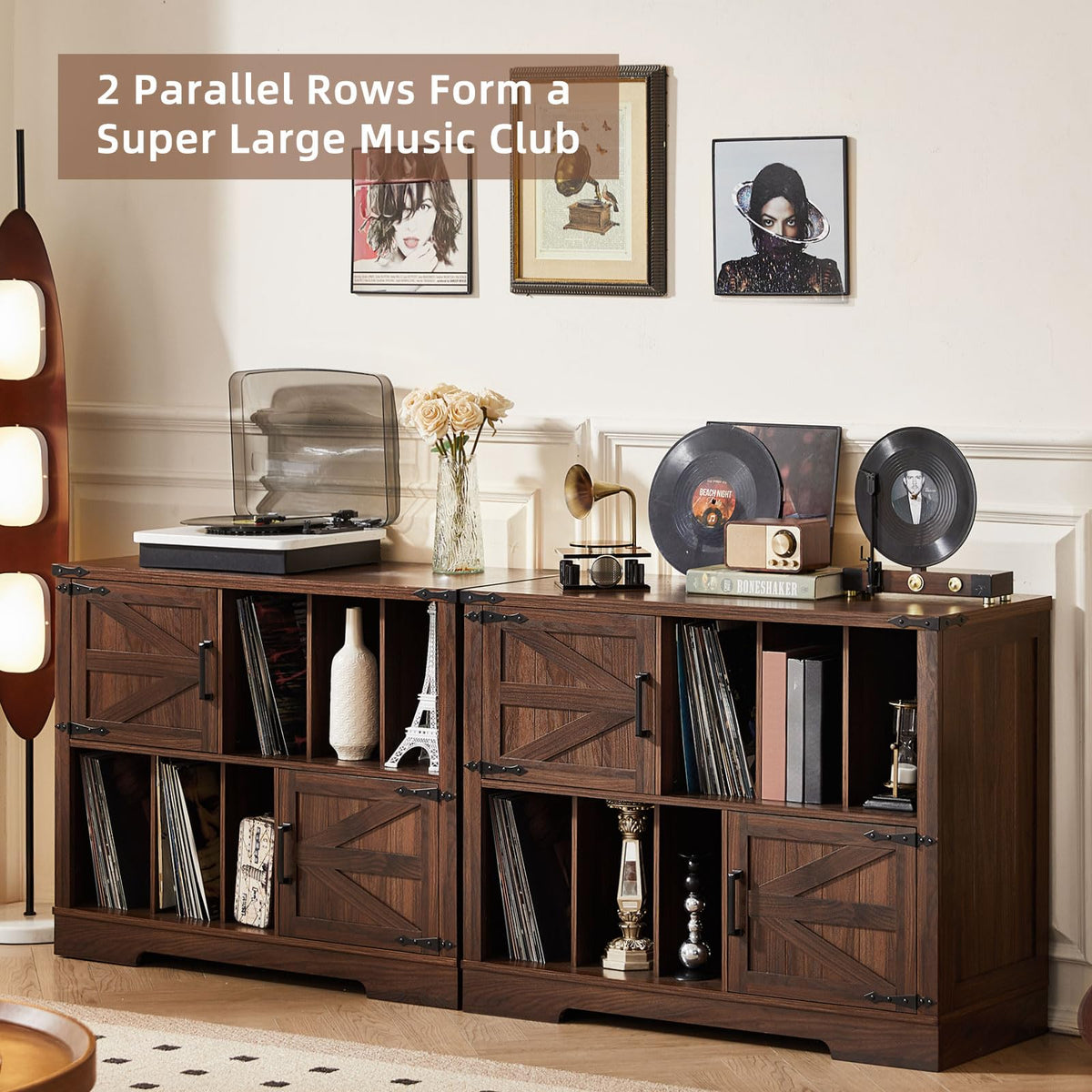 LELELINKY Record Player Stand with Storage, 1m Farmhouse Vinyl Cabinet