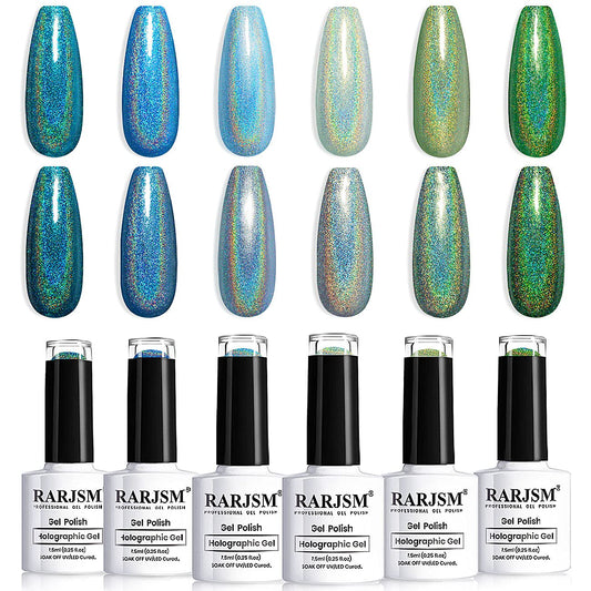 RARJSM Holographic Gel Nail Polish Set,Glitter Blue Green Gel Polish Kit Misty Forest Collection Soak Off 6PCS 7.5ML Curing Required Unicorn Mirror