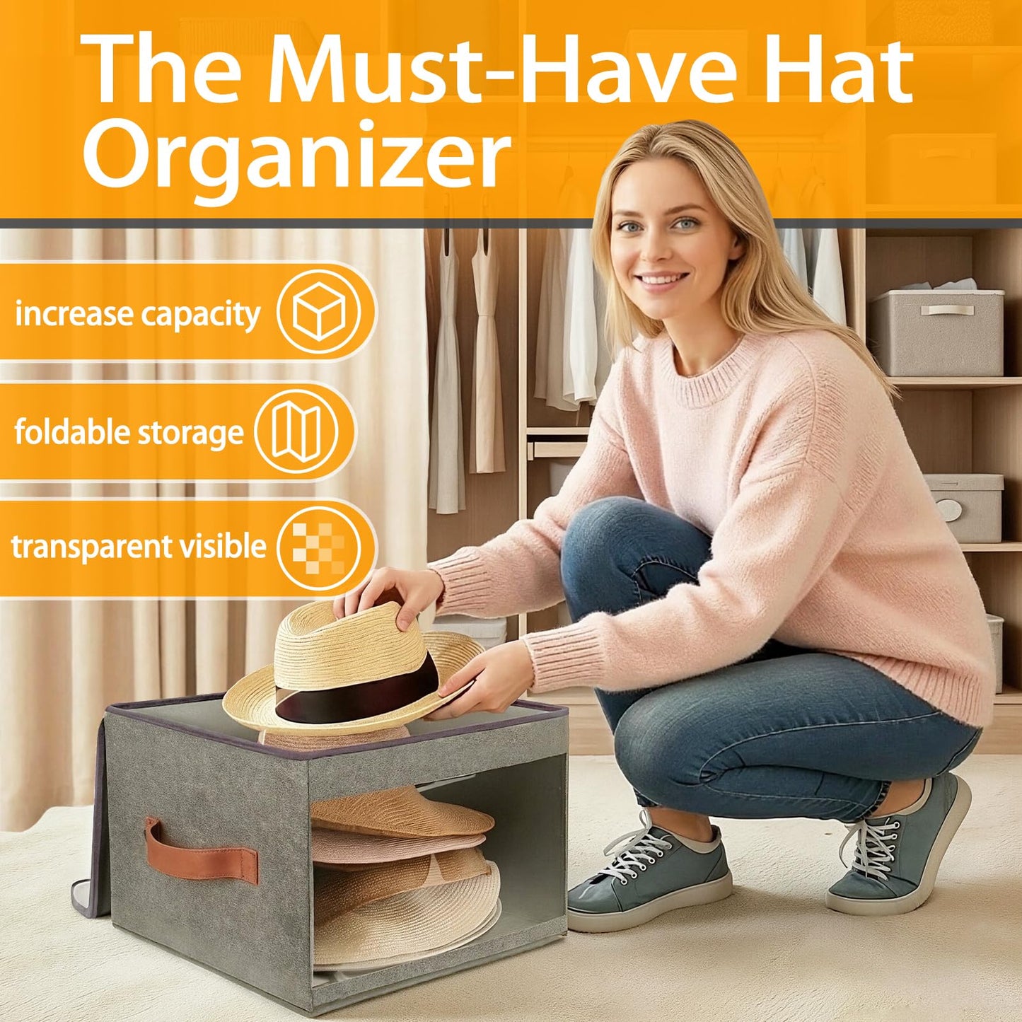 HonorHut 2 PCs Foldable Hat Storage Box with Carry Handles Grey 35×35×25 cm