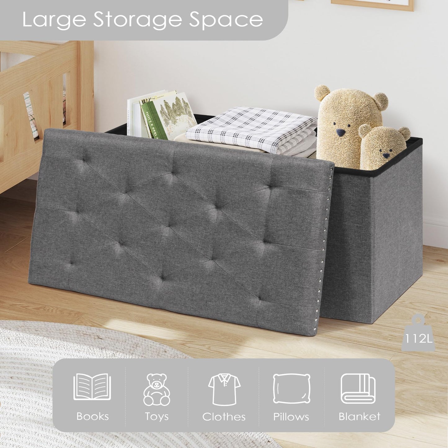 Bonlife Folding Ottoman Storage Bench, Coffee Table with Tray, Large Footstool for Living Room, Footrest Stool, Grey, Linen, 80x40x40cm