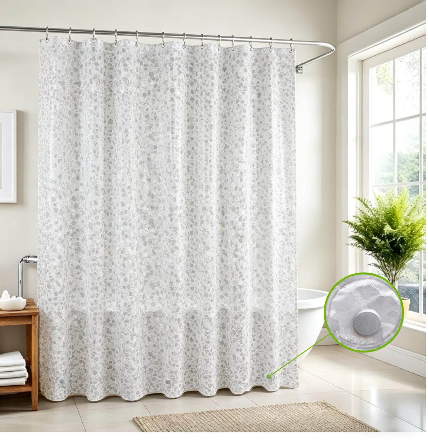 Minicoco PEVA Shower Curtain Mould Proof Mildew Resistant Waterproof Shower Curtains for Bathroom with Magnets and 12 Hooks Clear 3D Pebble Bathroom