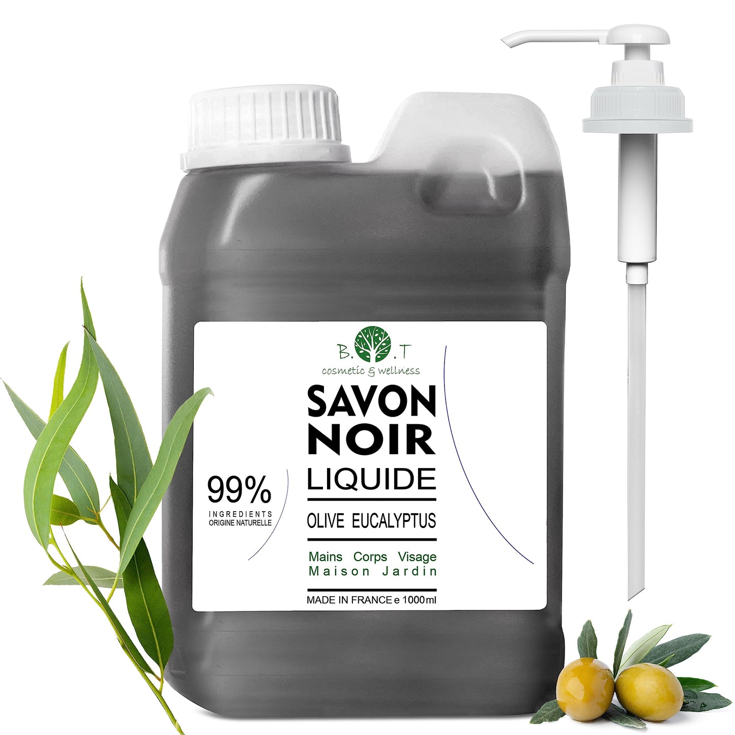 B.O.T Cosmetic & Wellness - 100% Natural Black Liquid Soap | Olive & Eucalyptus Oil | Hypoallergenic | Home & Body Cleaner, Animal Shampoo, 1L