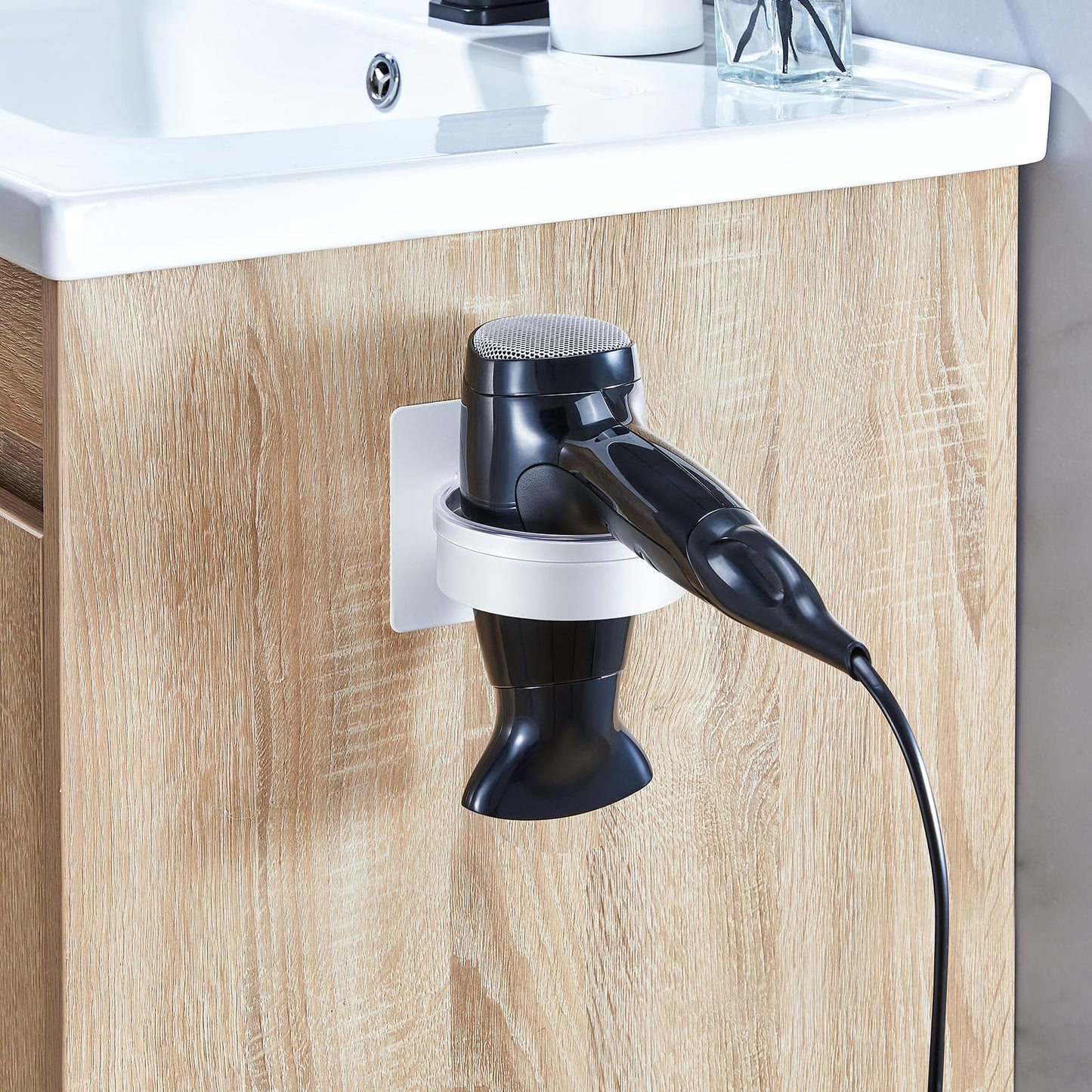 YYBO Hair Dryer Holder Wall Mount, Hairdryer Holder Station for Hair Dryer Storage, Adhesive Hairdryer Stand Rack for Dressing Table Bathroom (White)