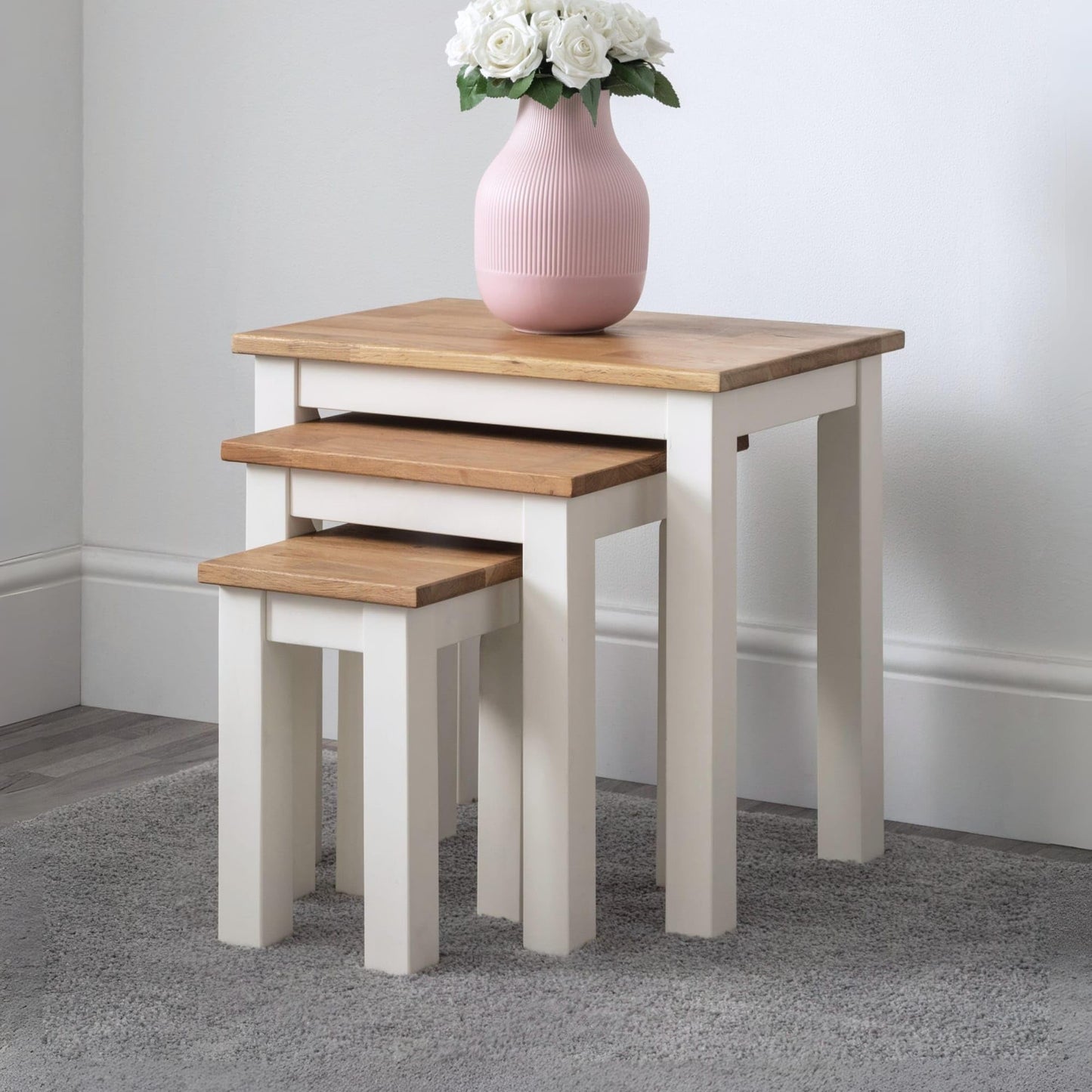Julian Bowen Coxmoor Nest of Tables, Set of 3, Ivory & Oak - H48 x W50cm