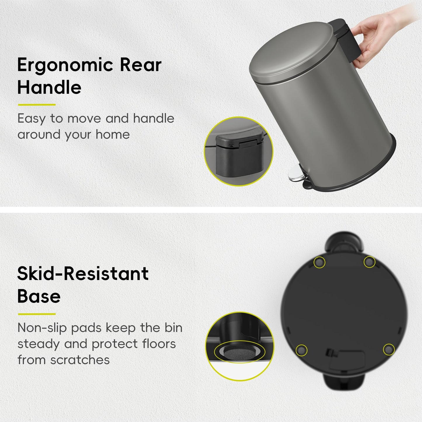 EKO Serene Step Bin, 3L Round Small Trash Can with Removable Inner Liner for Bedroom & Bathroom, Pedal Bin for Rubbish and Waste, Titanium Grey