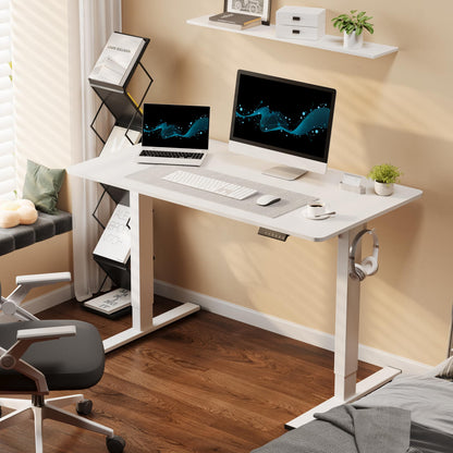 FLEXISPOT ONE PIECE Electric Standing Desk, Height Adjustable Ergonomic Stand up with Backpack Hook, Cup Holder and 4 Memory Preset, 110x54cm White