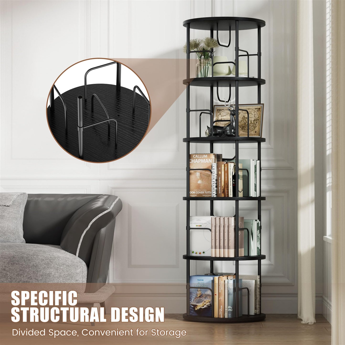 OCTORO 5 Tier Rotating Bookshelf, 360° Corner Bookshelf Tower, Round Revolving Bookcase with Adjustable Levels, Spinning Book Shelf for Home Office