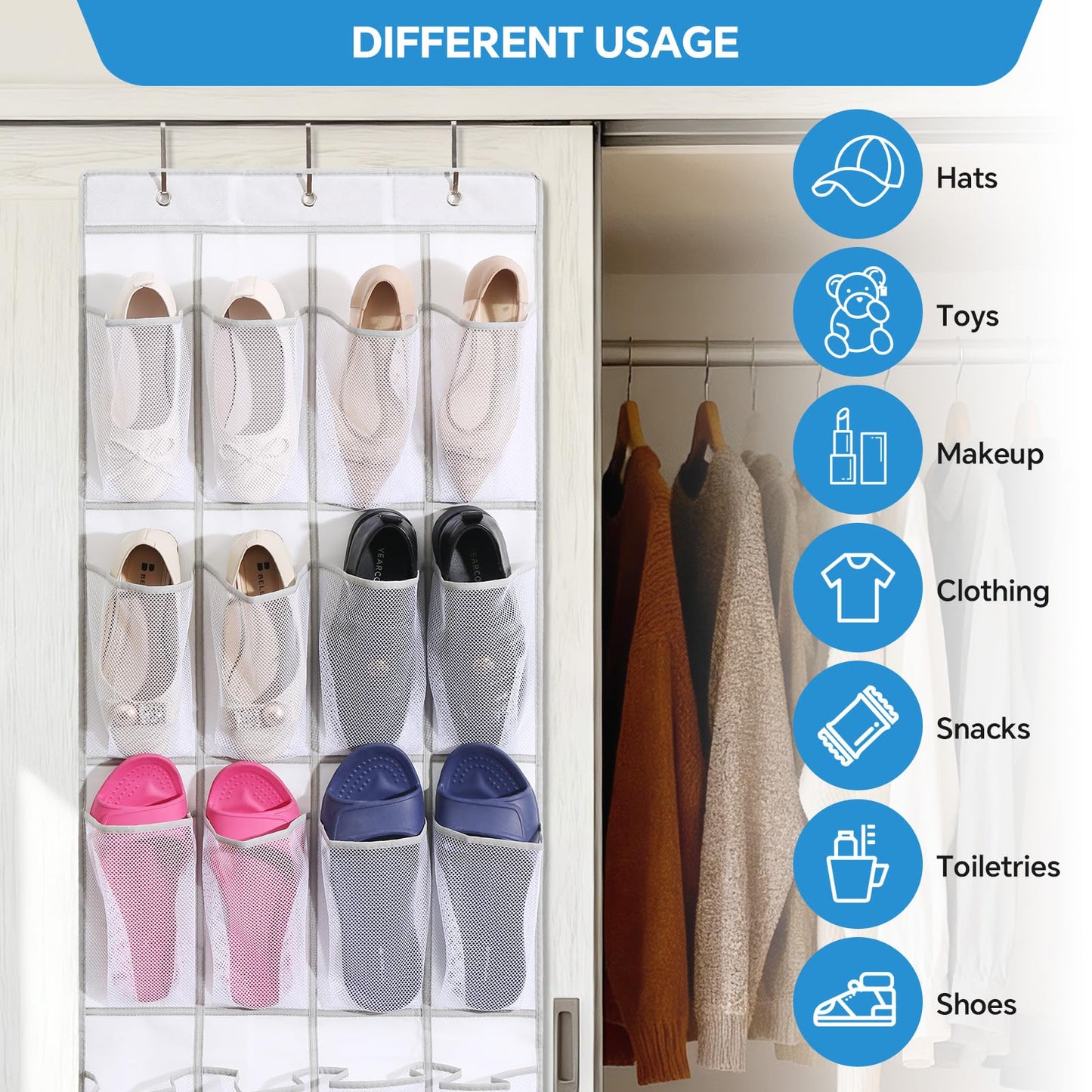 Suacculent Over Door Shoe Organiser, 24 Large Mesh Pockets & 3 Hooks, White