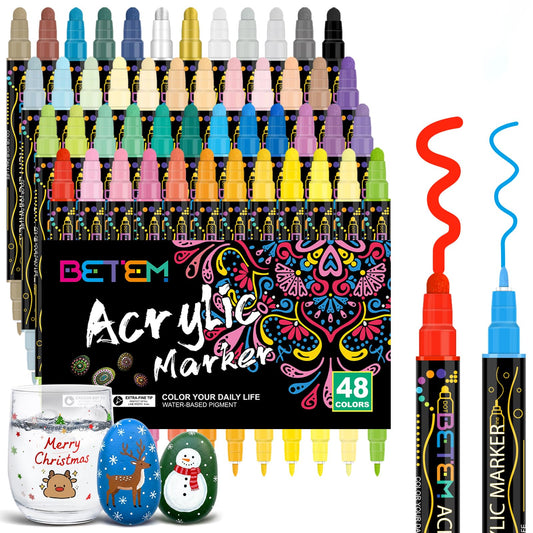 Betem 48 Colors Dual Tip Acrylic Paint Pens Markers, Premium Colouring Pens for Rock Painting, Wood, Canvas, Stone, Ceramic Surfaces, Christmas