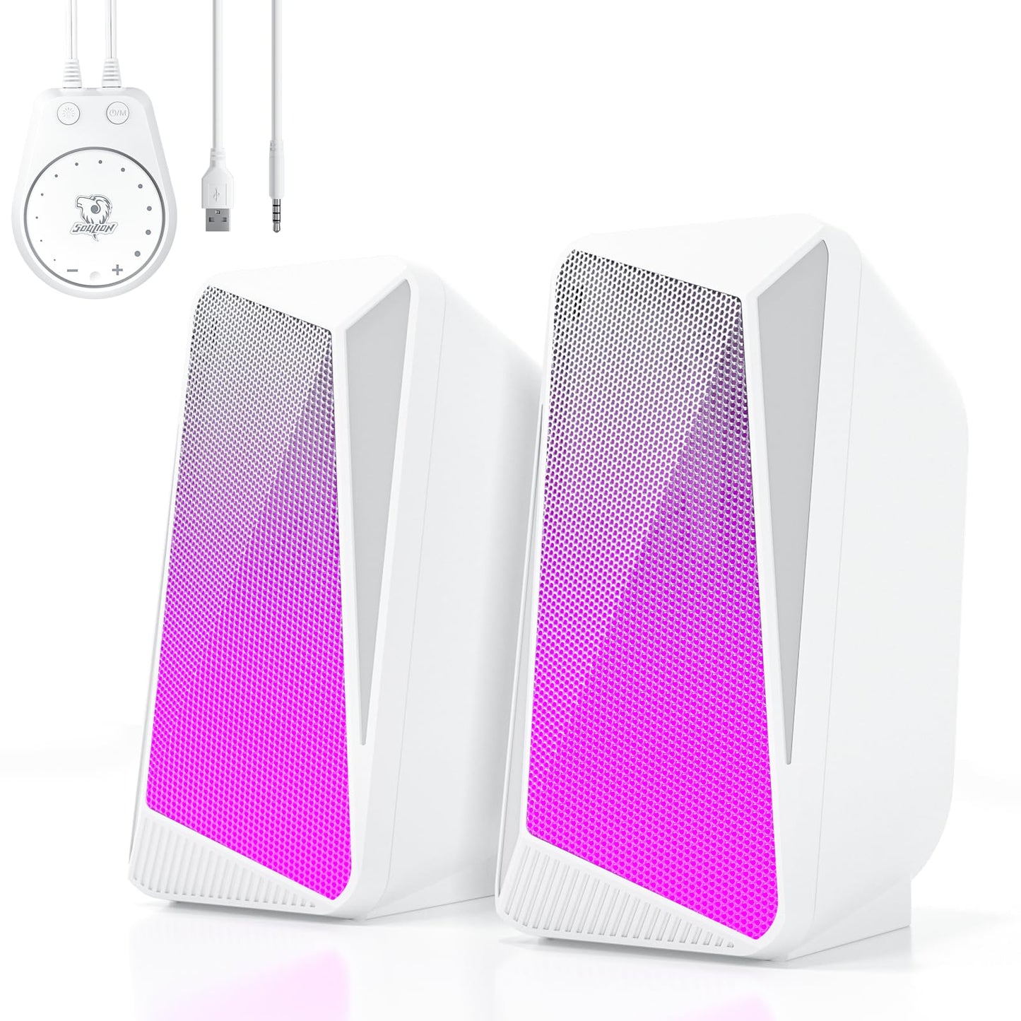SOULION C30 Stereo 2.0 Bluetooth PC Speakers for Desktop Computer, Monitor, Laptop, Gaming, 3.5mm Aux input, USB Powered, Colourful LED Lighting, 1