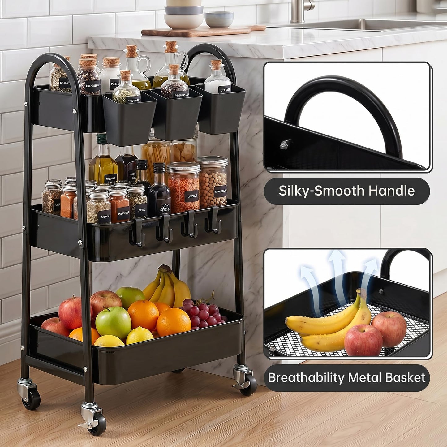 danpinera 3-Tier storage trolley, Metal storage cart with Lockable Wheels & Hanging Cups & Hooks, storage trolley on wheels for bathroom, kitchen