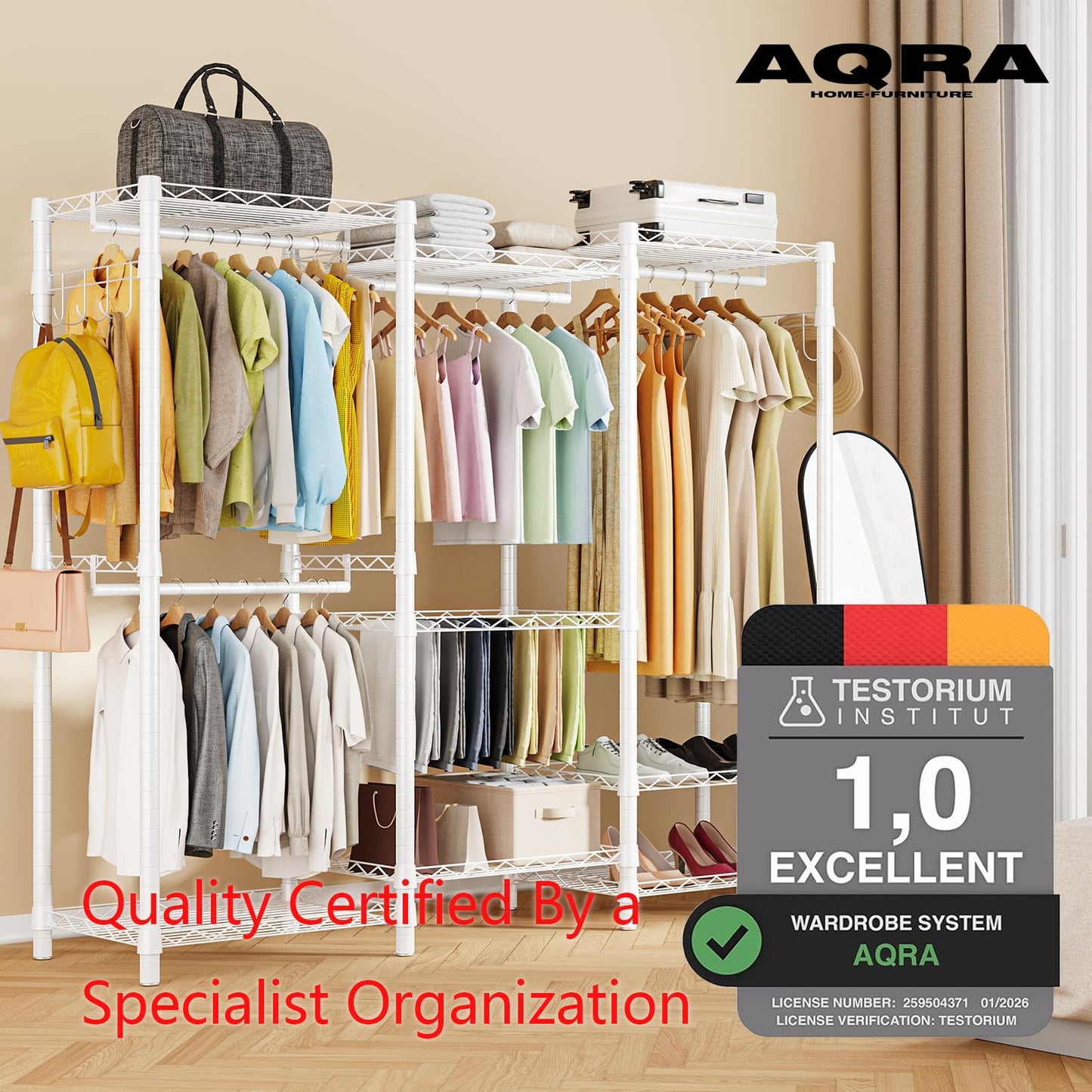 AQRA Metal Open Wardrobe, Heavy Duty Clothes Rail, 4 Assembly Ways, White