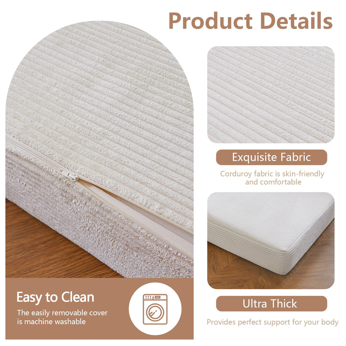 MAXYOYO Folding Corduroy Mattress, Tri Fold Floor Mattress 10cm thick with Washable Cover,Foldable in Three,Space-Saving for Guest Beige, Single