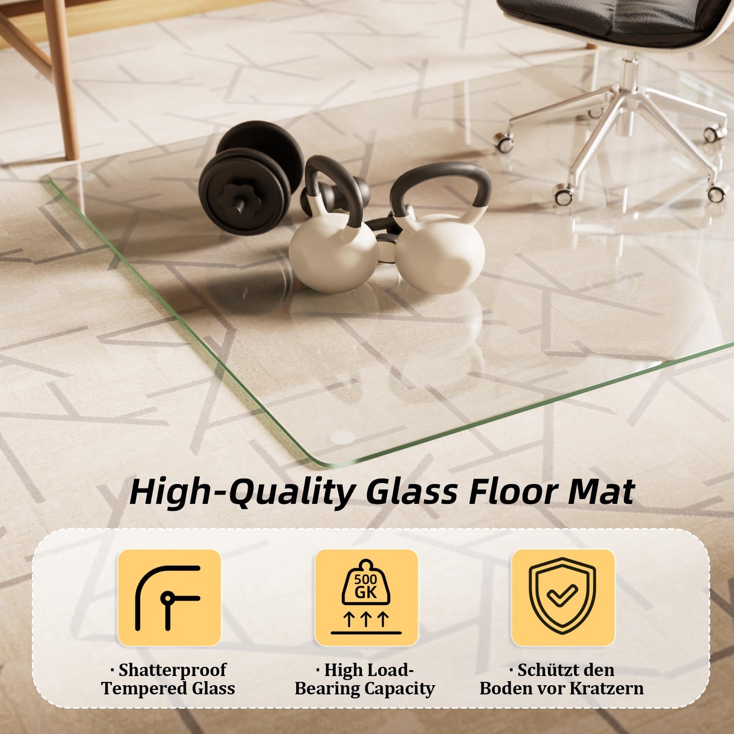 Koonmi Tempered Glass Chair Mat, 117 x 140 cm, Clear