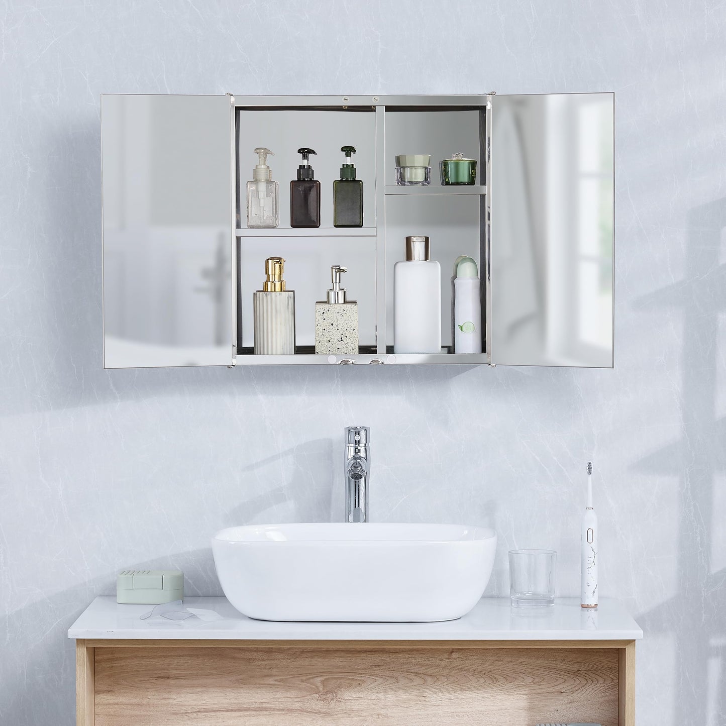Bath Vida Tiano Double-Mirror Bathroom Cabinet Wall-Mounted Stainless Steel Modern Storage Cupboard (No Assembly Required)