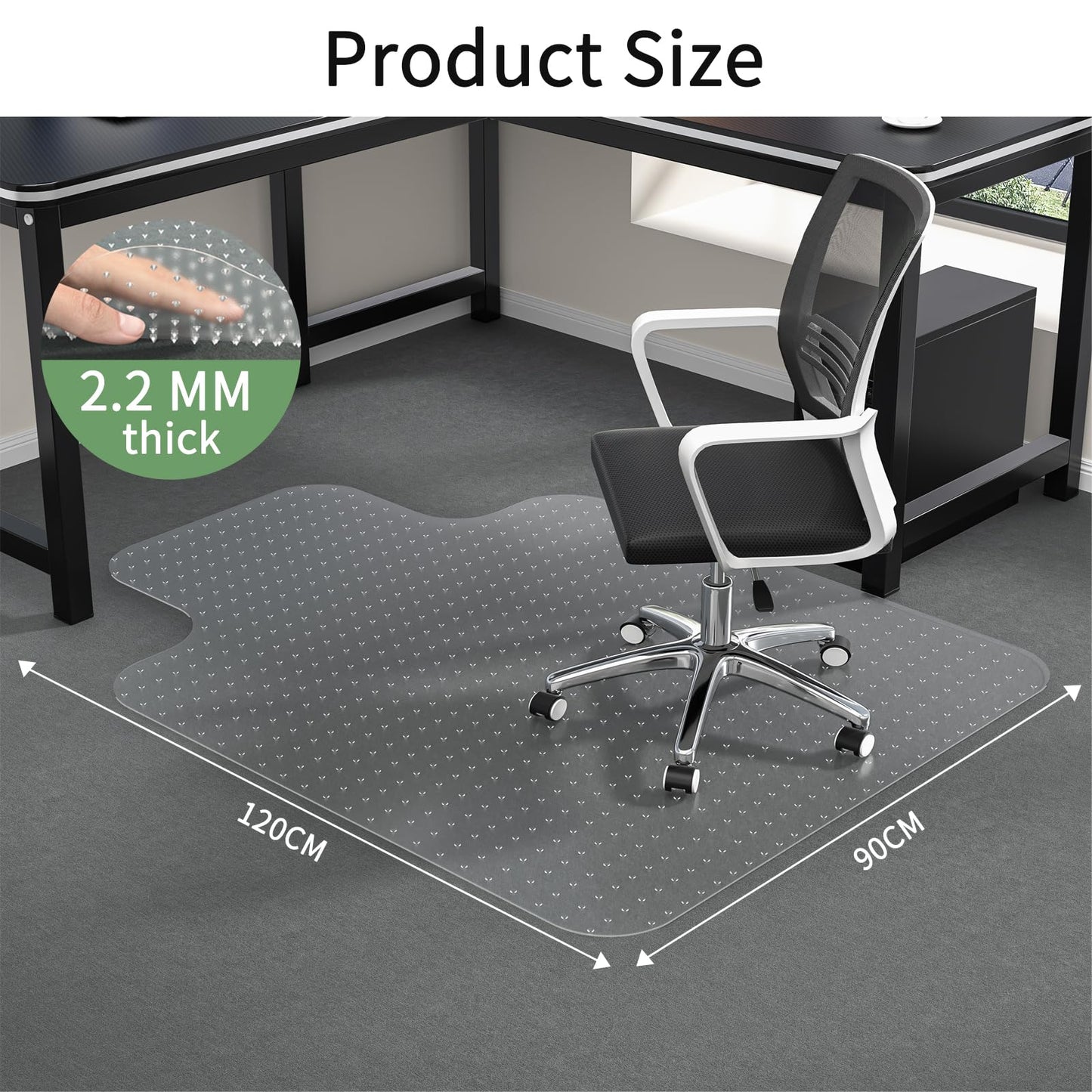 WASJOYE Office Chair Mat for Carpet, 90x120 cm Clear Carpet Floor Protector Cover PVC Mat with Non-Slip Studded