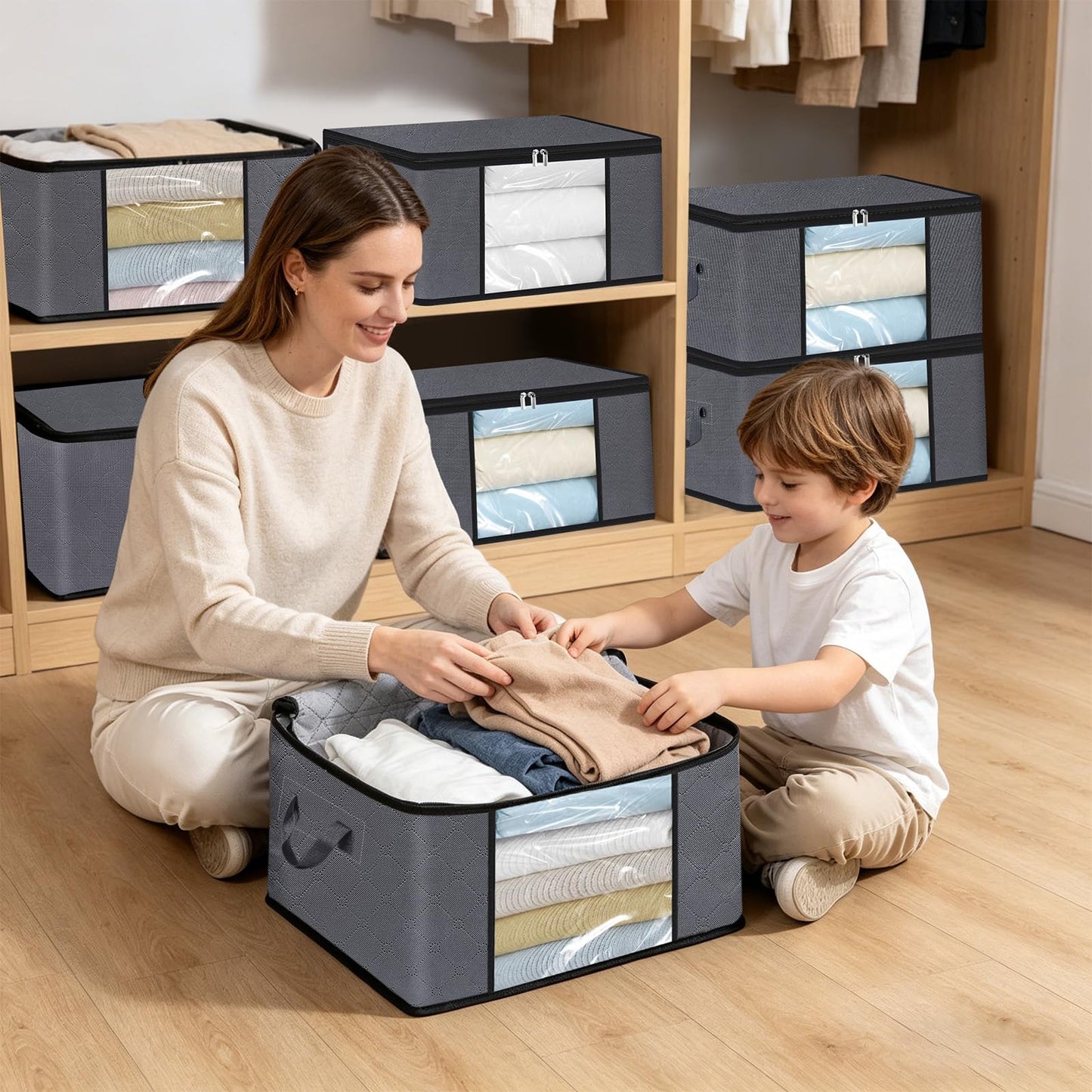 HiBaBy 45L Clothes Storage Bag, Foldable Storage Boxes with Lids Underbed Wardrobe Storage Organiser with Clear Window Moving Bags for Clothing