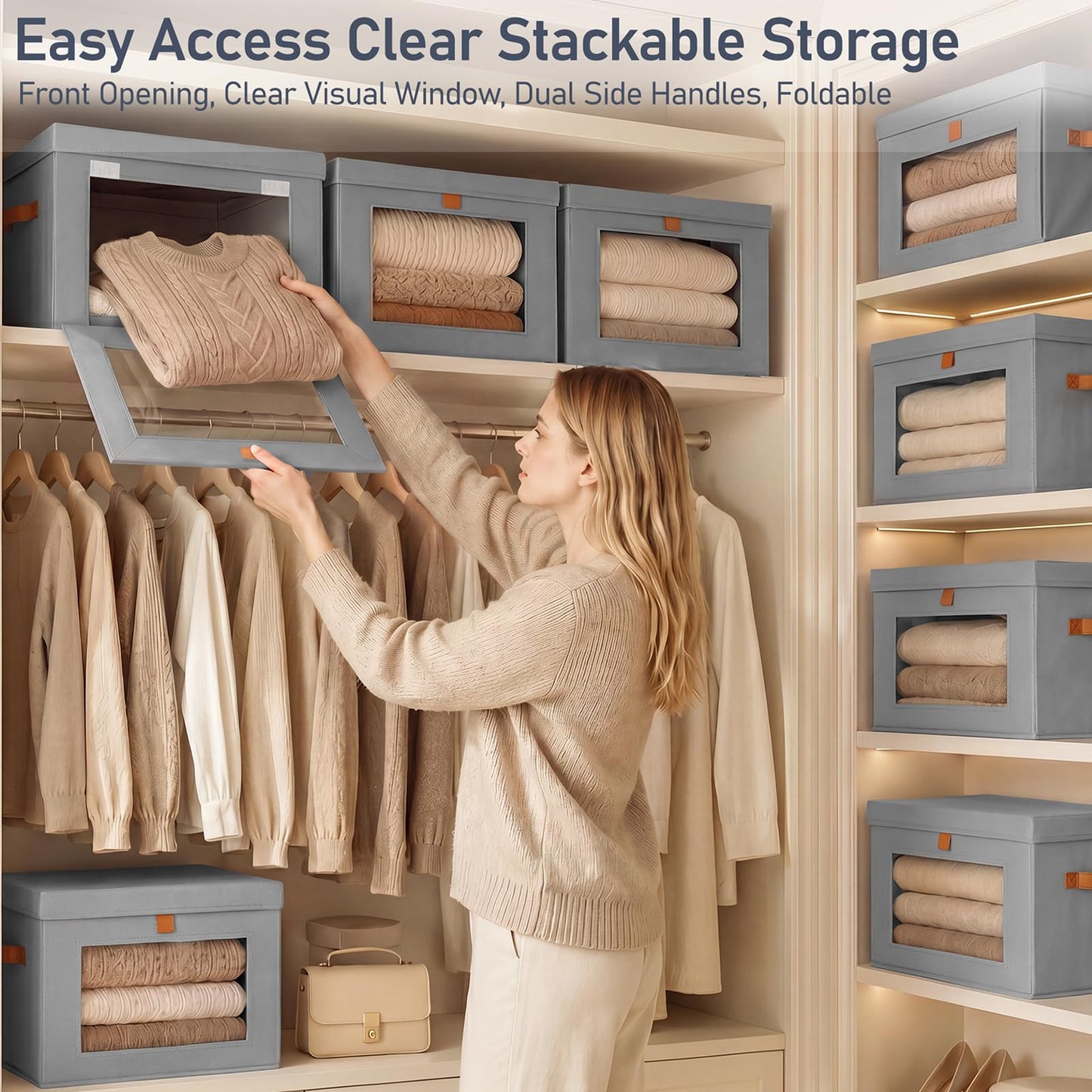 Homsorout Fabric Storage Boxes with Lids with Dual-access Design 22L Grey