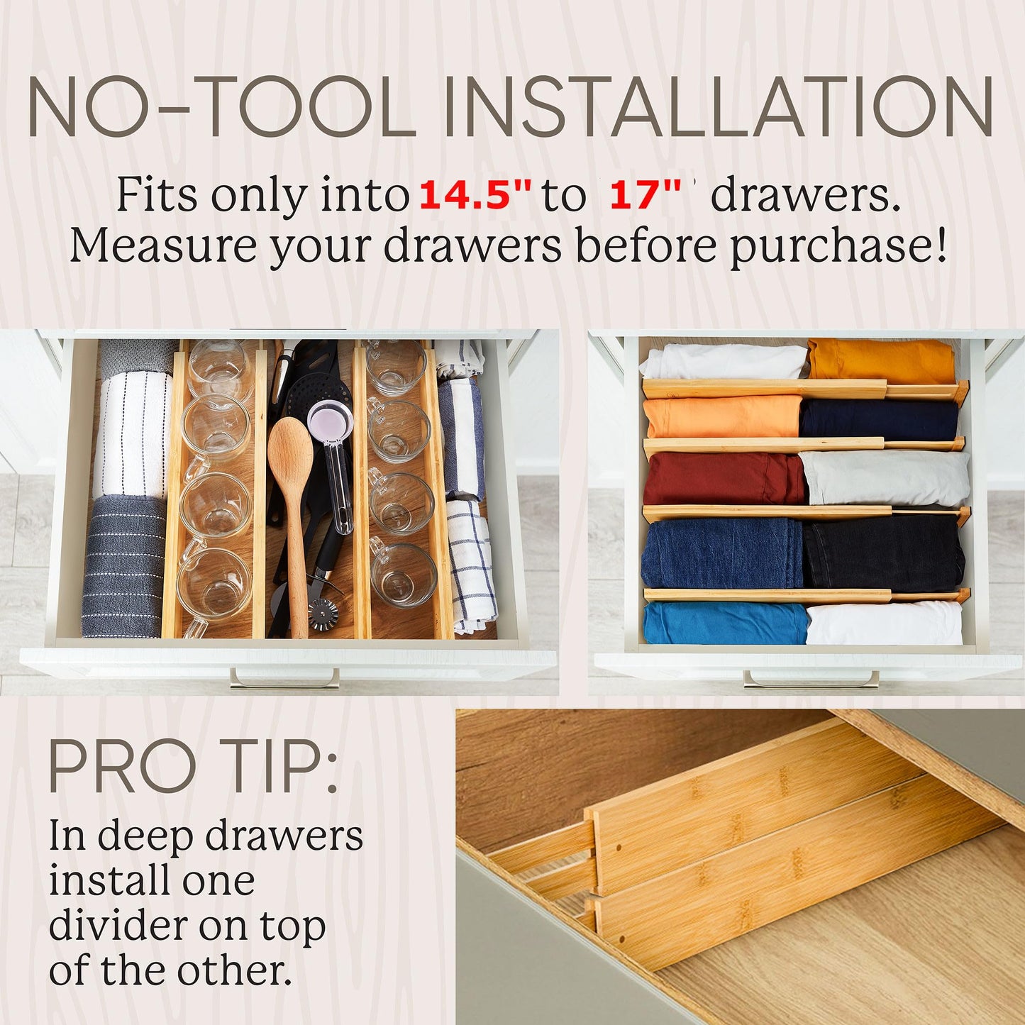 Night Tree Expandable Bamboo Drawer Dividers – Spring-Loaded Wooden Organizers for Clothes, Kitchen Utensils, Bathroom, and Dresser Drawers