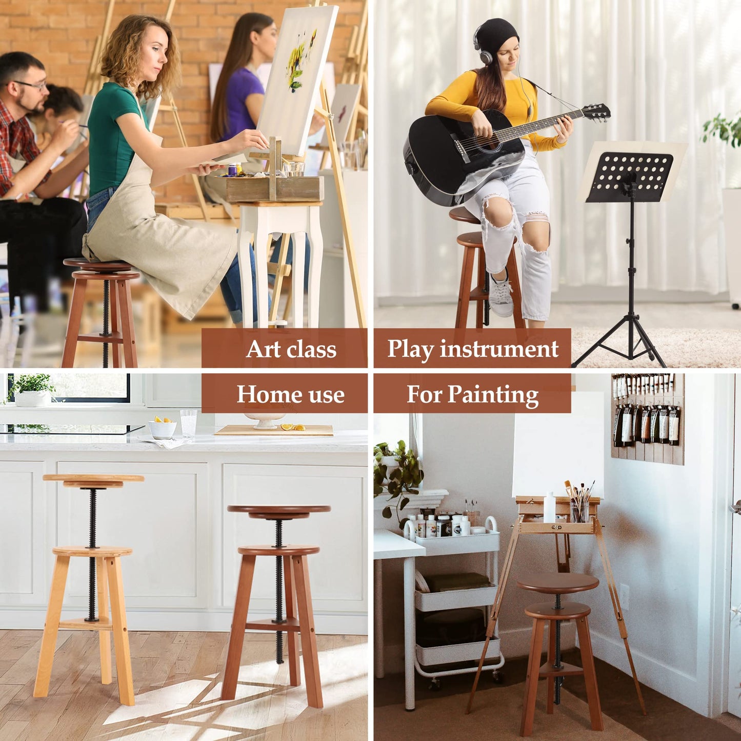 VISWIN Wooden Drafting Stool, 19-26" Adjustable Height, Solid Beech Wood Stool for Studio, Office, Home Kitchen, Bars, Artist Stool Chair for Painting