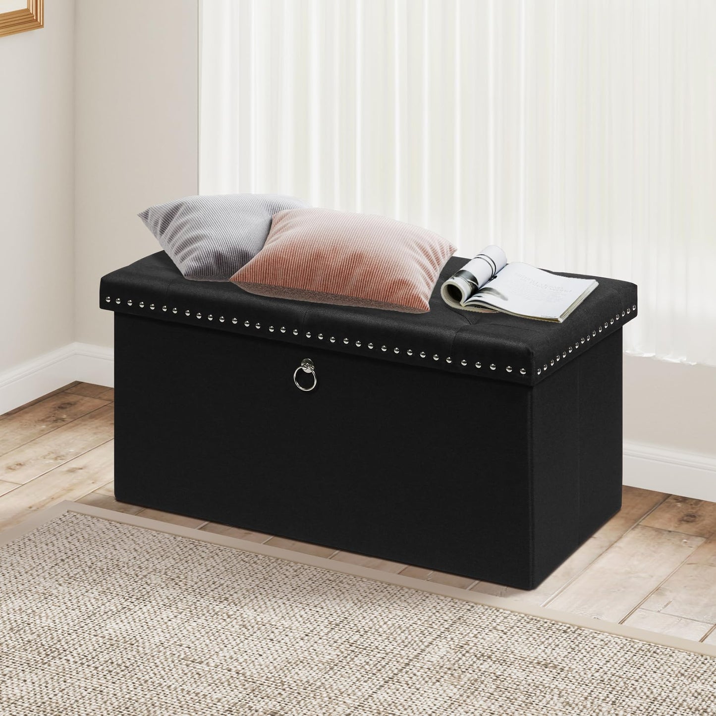 Bonlife Ottoman Bench with Tray, Folding Storage Footstool, 250kg Capacity