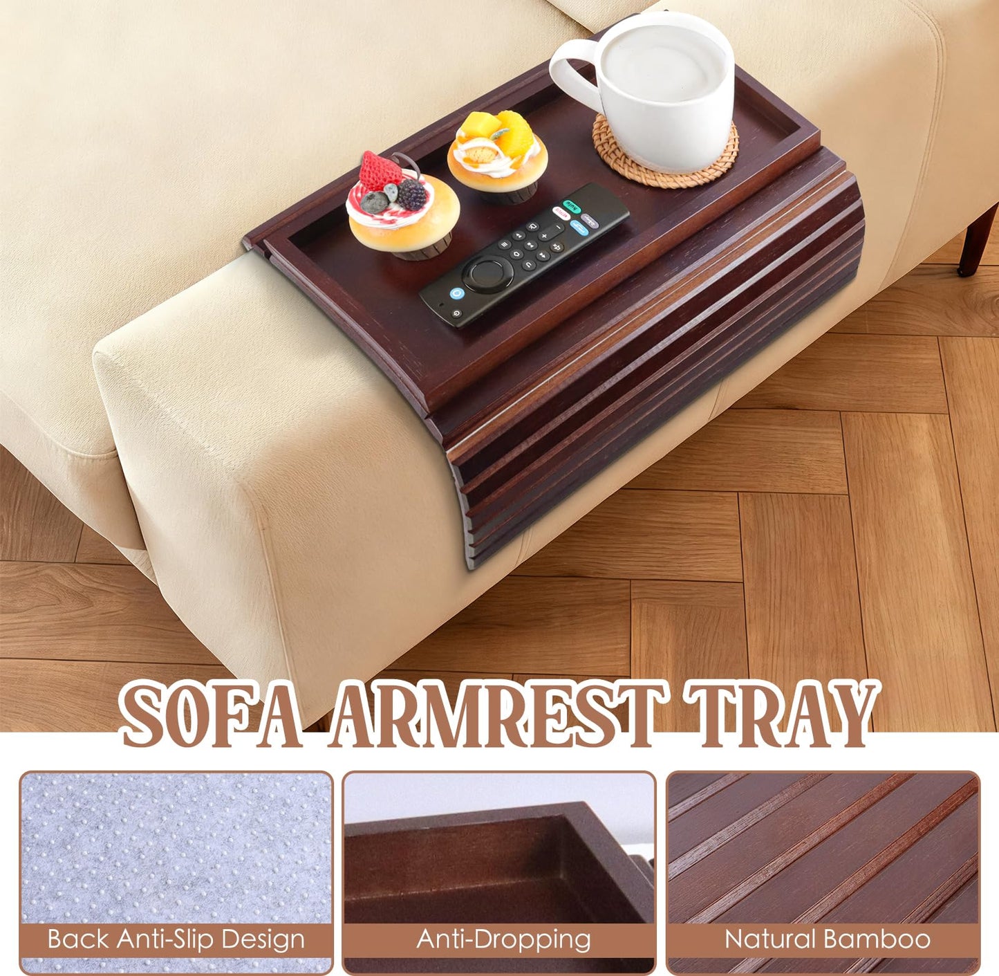 WGNIVOROUS Natural Bamboo Sofa Arm Tray, Armchair Tray, Adjustable Sofa Support, Sofa Side Table for Remote Control, Drink, Snacks, Magazine (brown)