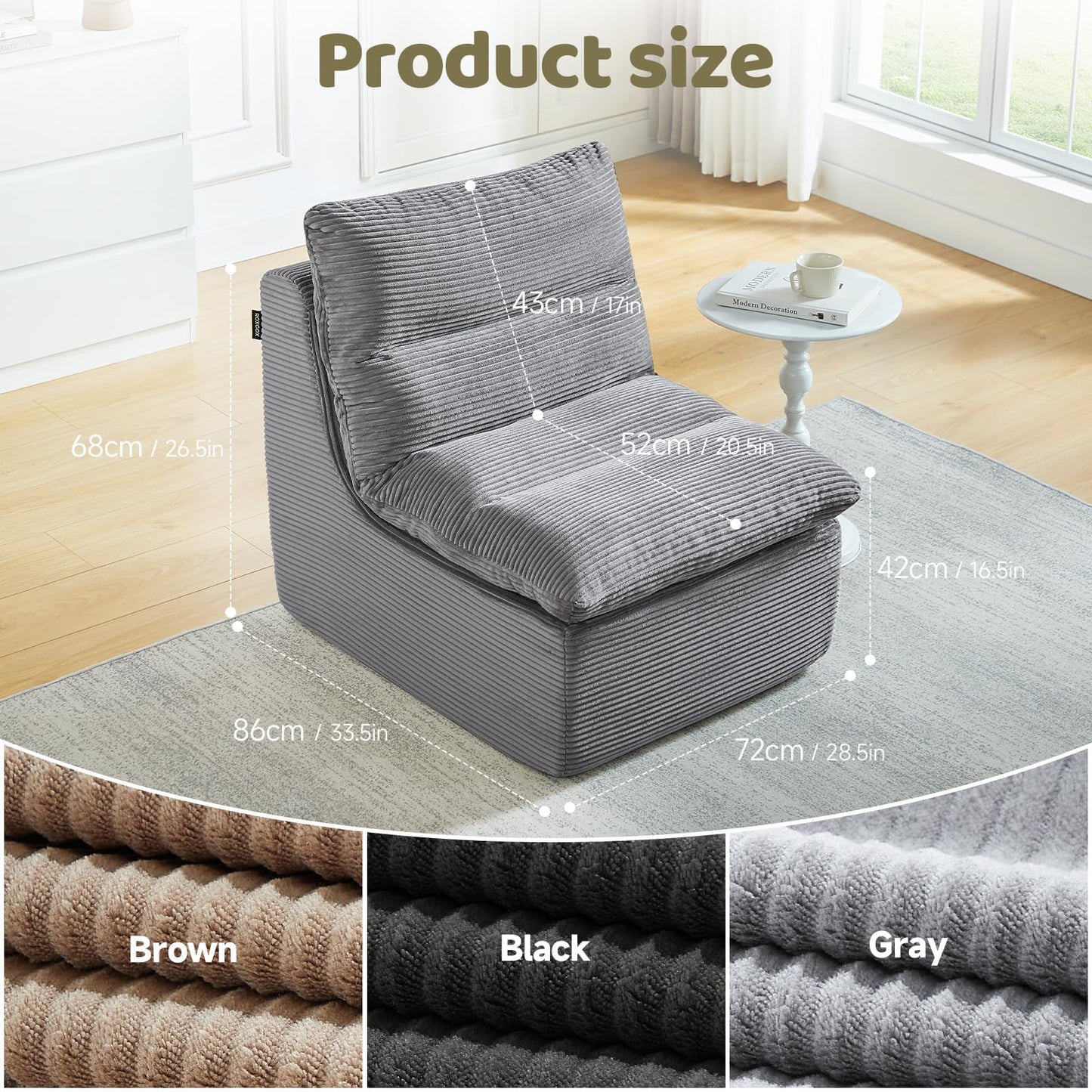 ROXGOX Boneless Chair Small Lounge Chairs for Adults, Memory Foam Reading Chair 1 Seater Bean Bag Sofa for Living Room, Bedroom, Gaming Reading