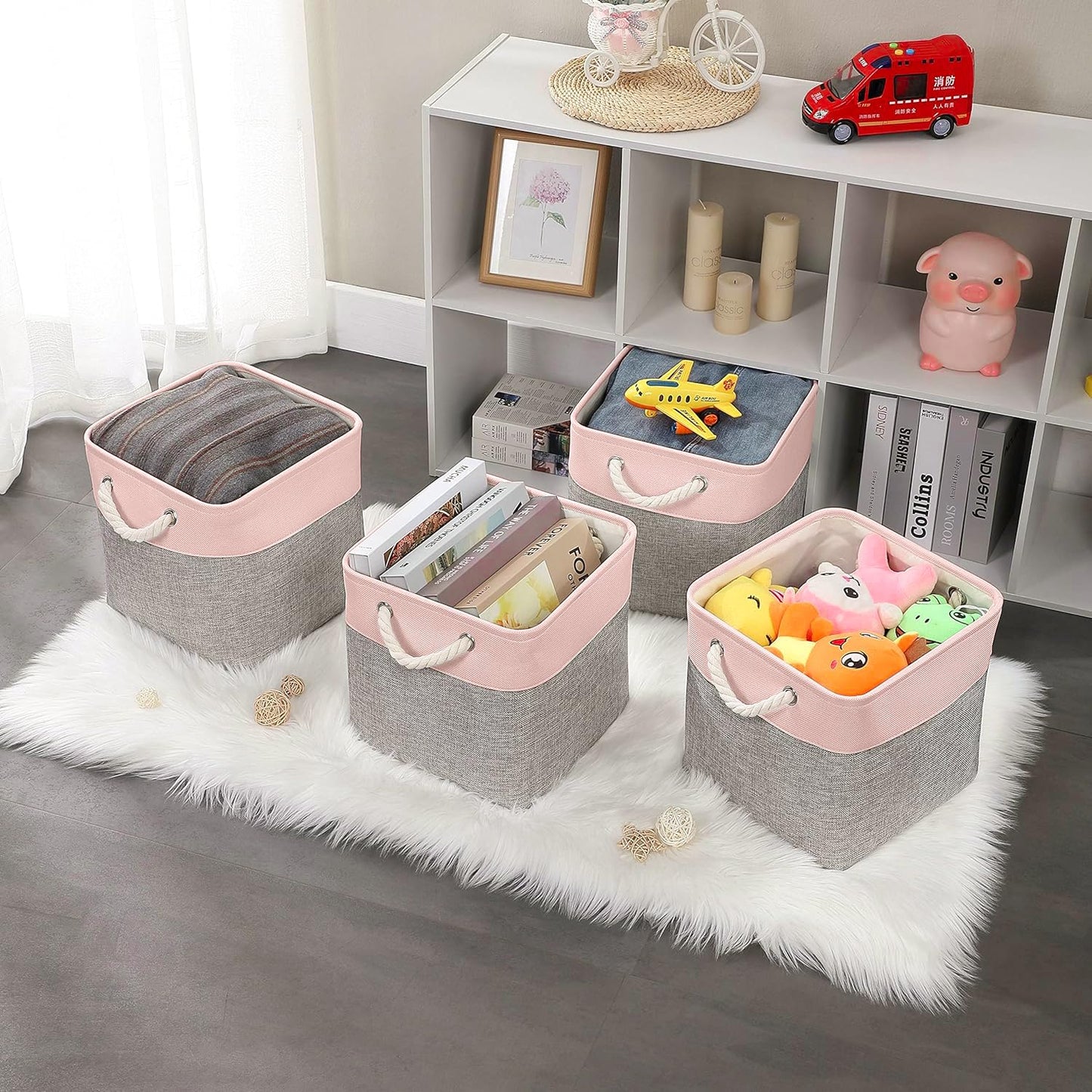 Mangata Fabric Storage Baskets,33 x 38 x 33cm Large Foldable Storage Boxes for Organizing Clothes Shelf Nursery Closet(Grey/Pink, Set of 4)