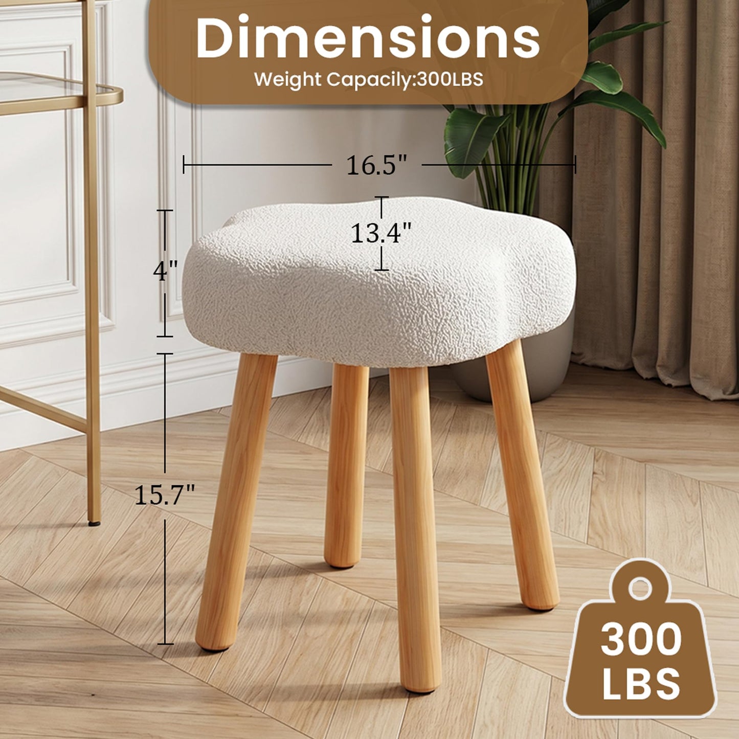 Cmishe Cloud Vanity Stool with Solid Beech Wood Legs, 20" Height Boucle Makeup Chair for Bedroom, Flower Shaped Upholstered Ottoman